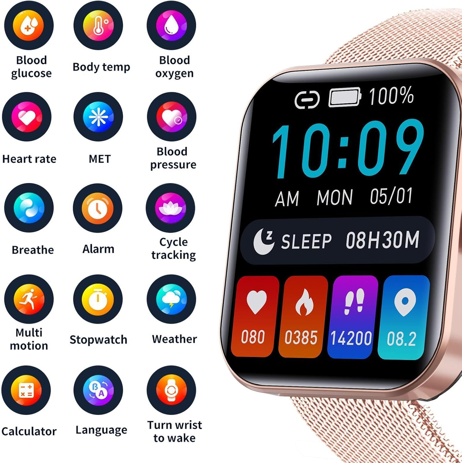 Acime Blood Glucose Sugar Smart Waatch, Popglory Smartwaatch with Blood Pressure, Fitness Tracke with Heart Rate Monitor, Full Touch Fitness Waatch for Androi & Ios for Men Women, LKHWIM5PHUB8F3SZM image number 2