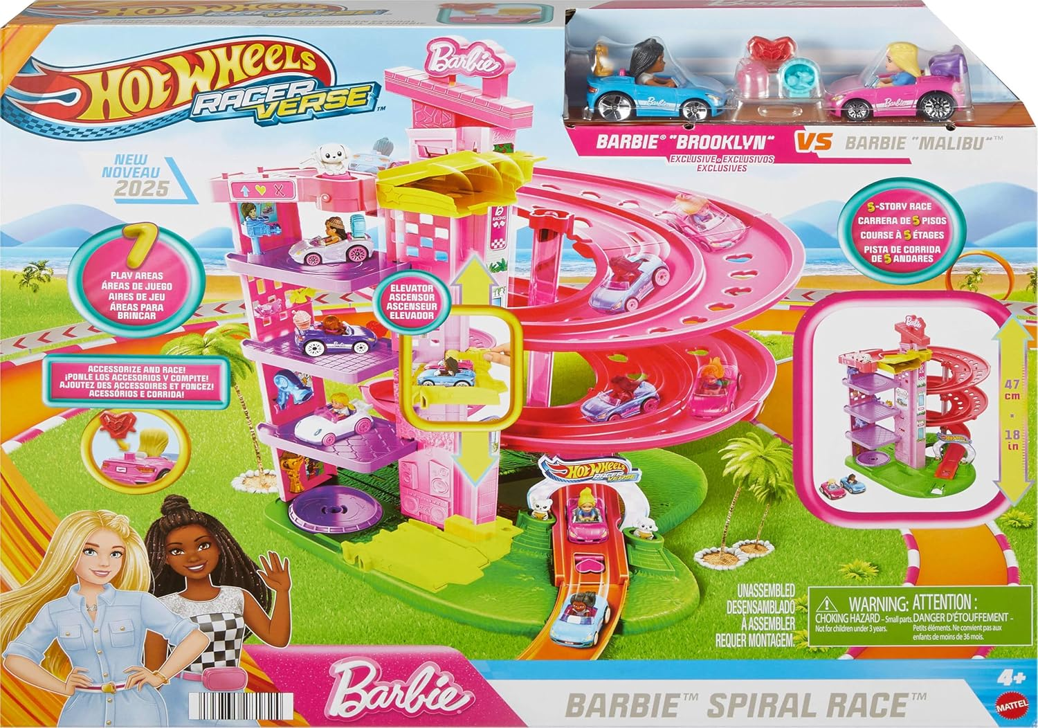 Hot Wheels Toy Cars & Tracks, Racerverse Barbie Spiral Race Playset with Barbie &ldquo;Malibu&rdquo; & Barbie &ldquo;Brooklyn&rdquo; Die-Cast Cars, 5-Levels, Dual Tracks image number 4