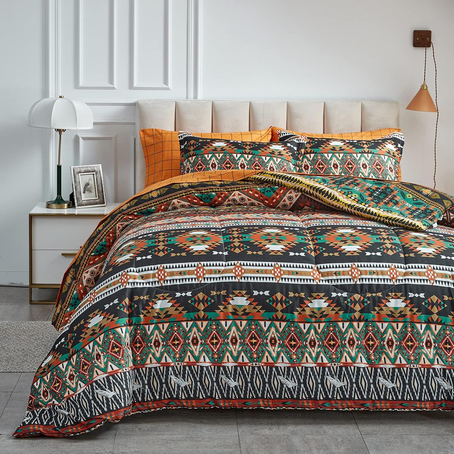 Flysheep Boho Striped Bed in a Bag 7 Pieces Queen Size, Colorful Bohemian Tribal Teal Blue Red Reversible Comforter Bed Set (1 Comforter, 1 Flat Sheet, 1 Fitted Sheet, 2 Pillow Shams, 2 Pillowcases)