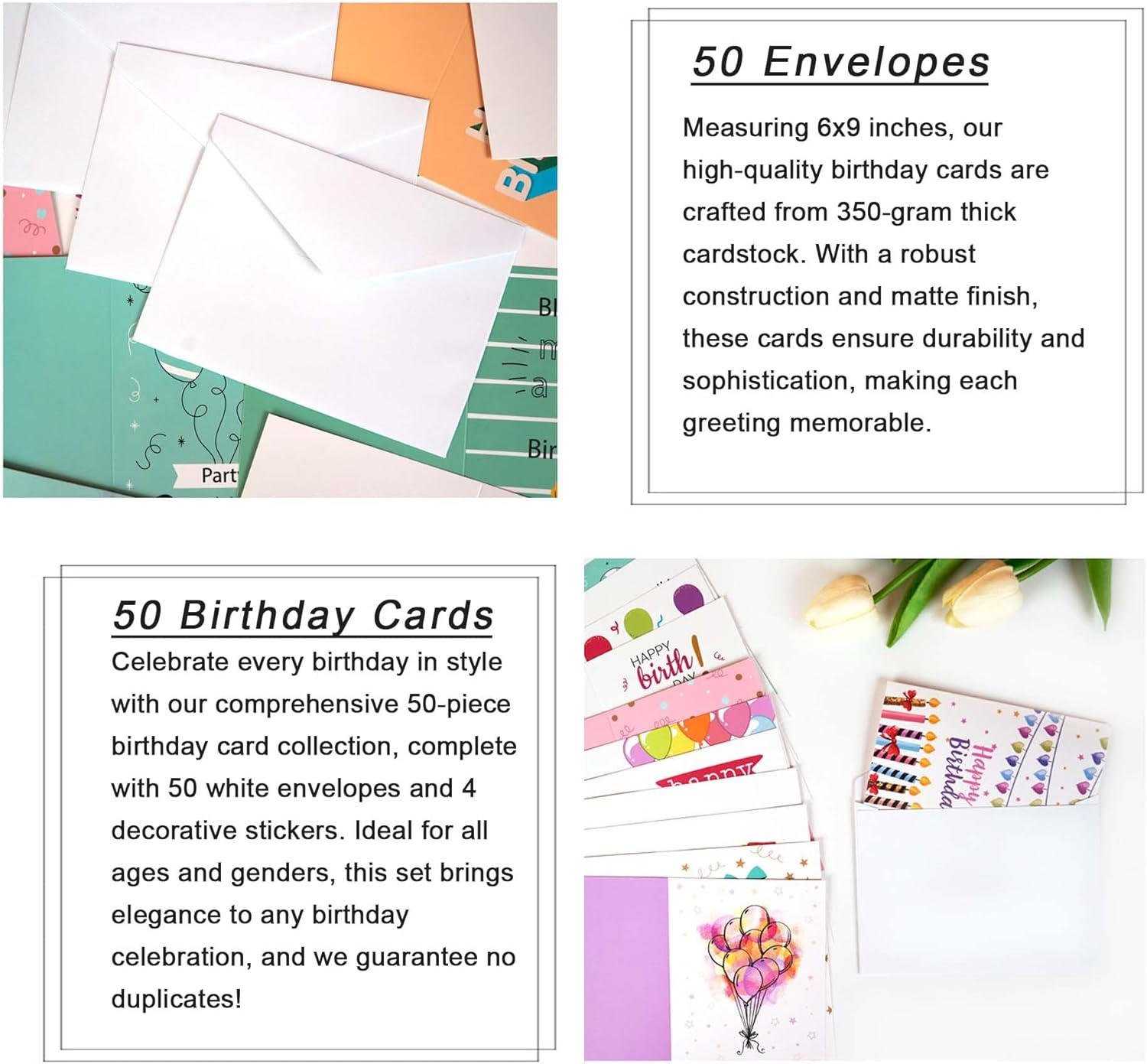 50 Pcs Birthday Cards Assortment with 50 Envelopes and 4 Stickers Blank Congratulation Card Happy Birthday Card Assortment Box for Husband Wife Mother Father Children Lover Friend(23X16Cm) image number 3