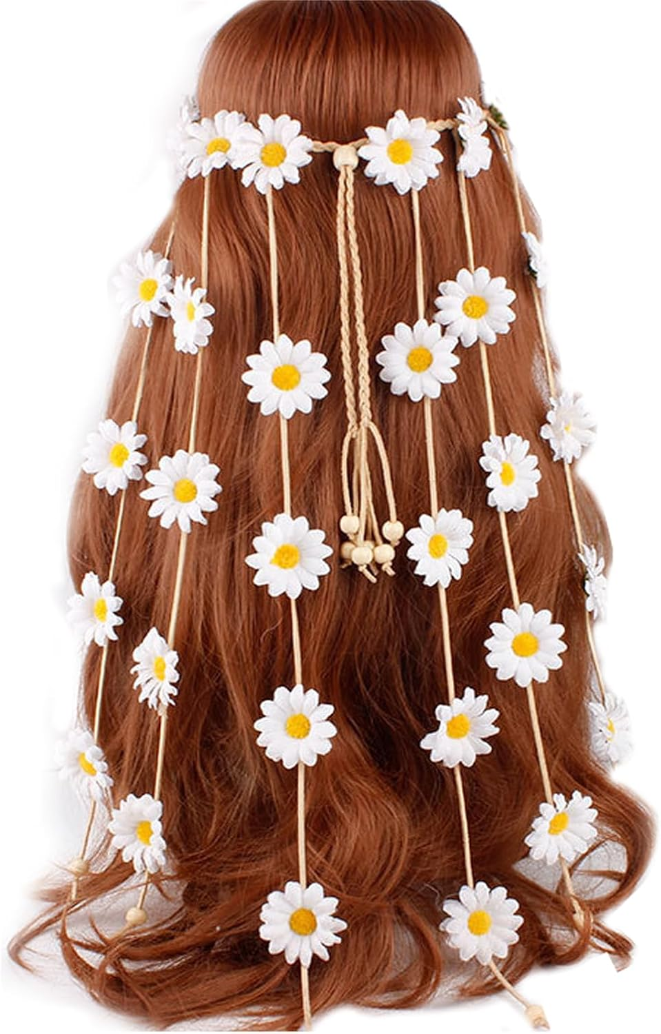 LERTREE Boho Daisy Headpiece Sunflower Tassel Headbands Women Fairy Crown Floral Headdress Hippie Festival Party Headwear (White, L)