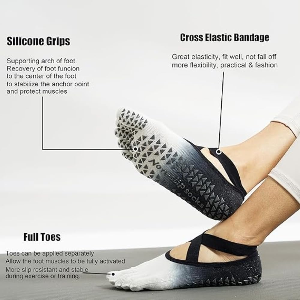 JOWILIN Pilates Socks for Women, Yoga Socks with Non-Slip Grips and Straps, Full Toe Socks for Pilates, Ballet, Pure Barre, Dance image number 6
