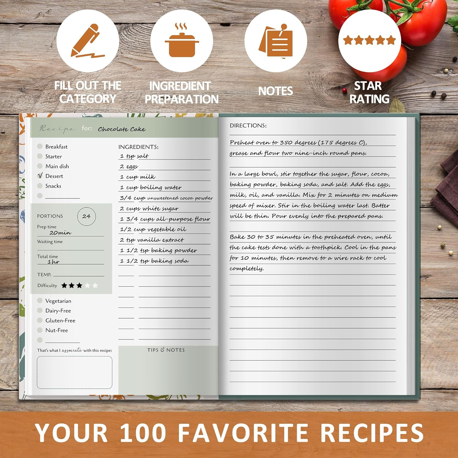 BIROYAL Blank Recipe Book Cookbook to Write in Your Own Recipes, Hardcover A5 Empty Recipe Journal for 100 Recipes, Personalized Recipe Notebook for Family Cooking Lover image number 6