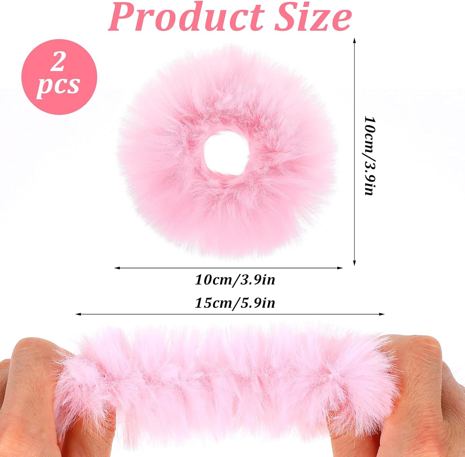 2 Pcs Pink Pom Pom Hair Tie, Fuzzy Furry Faux Rabbit Fur Scrunchies Ponytail Holders Baby Hair Ties Pom Hair Accessories for Girls Women (Pink) image number 3