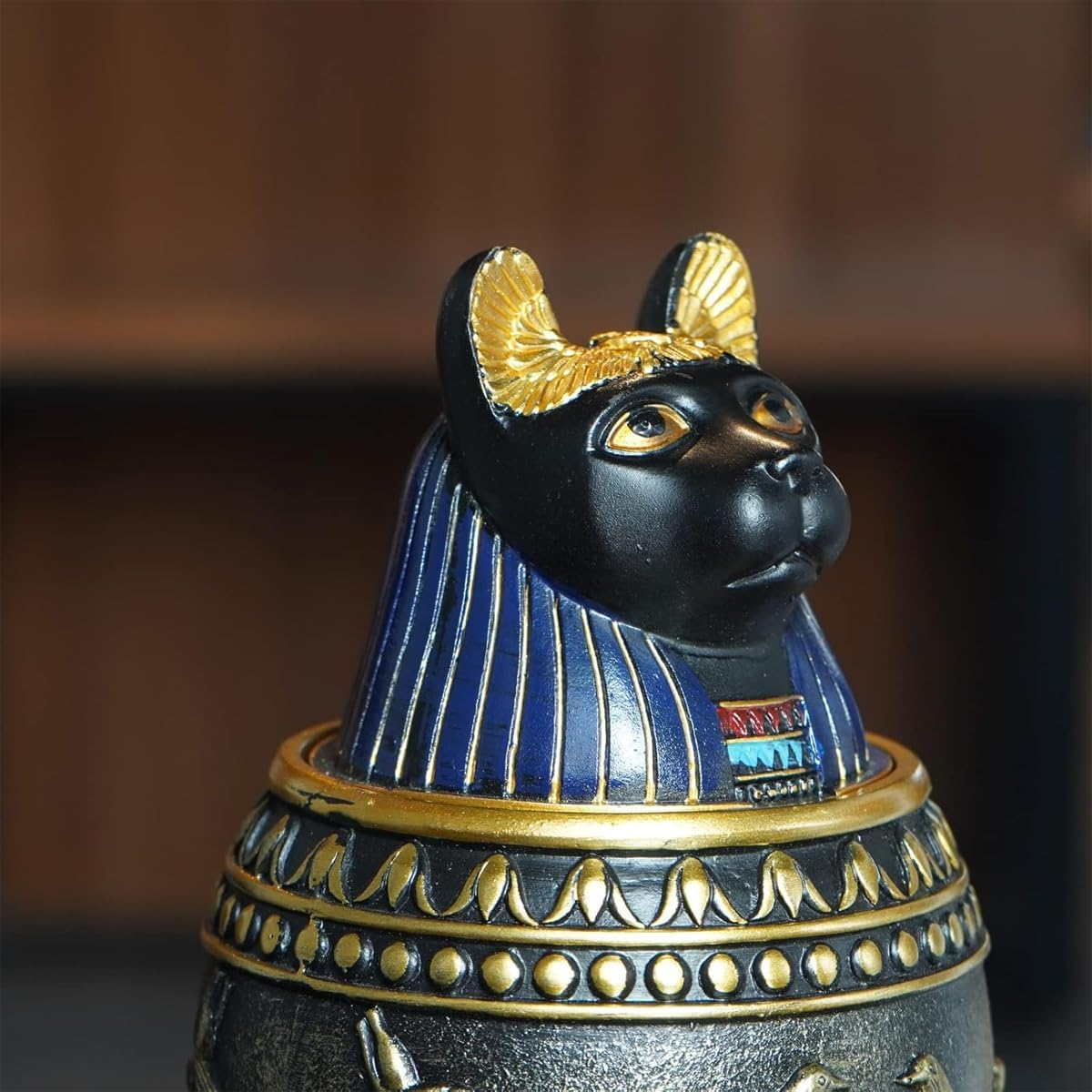AIMALL Egyptian Cat Decorative Urn, Resin Anubis Jar with Lid, Vintage Style Pet Memorial, Internal Storage, 7.28In image number 6