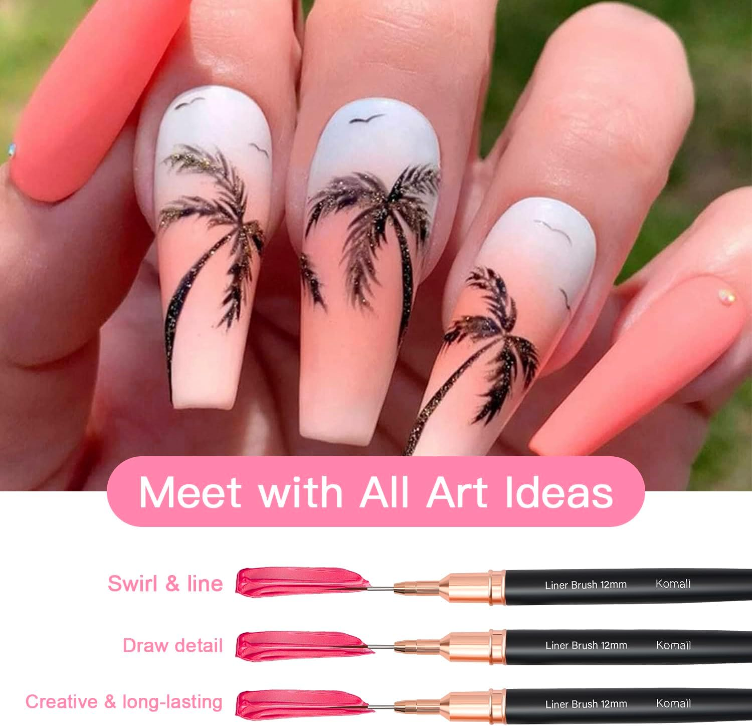 Lerpdaoo Nail Art Liner Brushes, 5-Piece Painting Nail Art Brush Set, Nail Dotting Drawing Tool for Long Lines, Thin Details, Fine Drawing Sizes 4/8/12/20/25 Mm (Black) image number 4