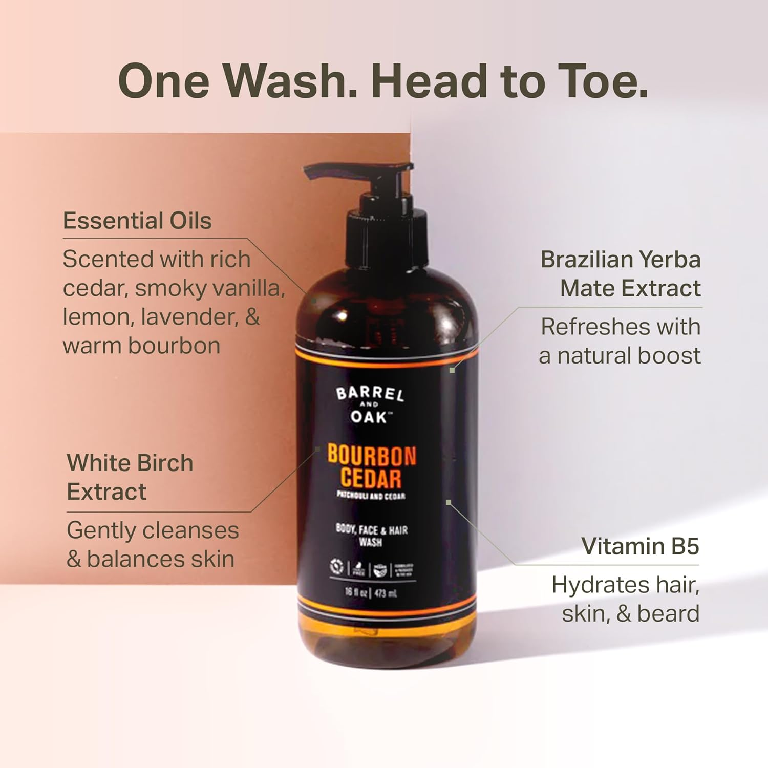 Barrel and Oak - All-In-One Body Wash, Men'S Soap for Hair, Face, & Body, Essential Oil-Based Scent, Cedarwood & Bourbon, Vegan (Bourbon Cedar, 16 Oz) image number 3