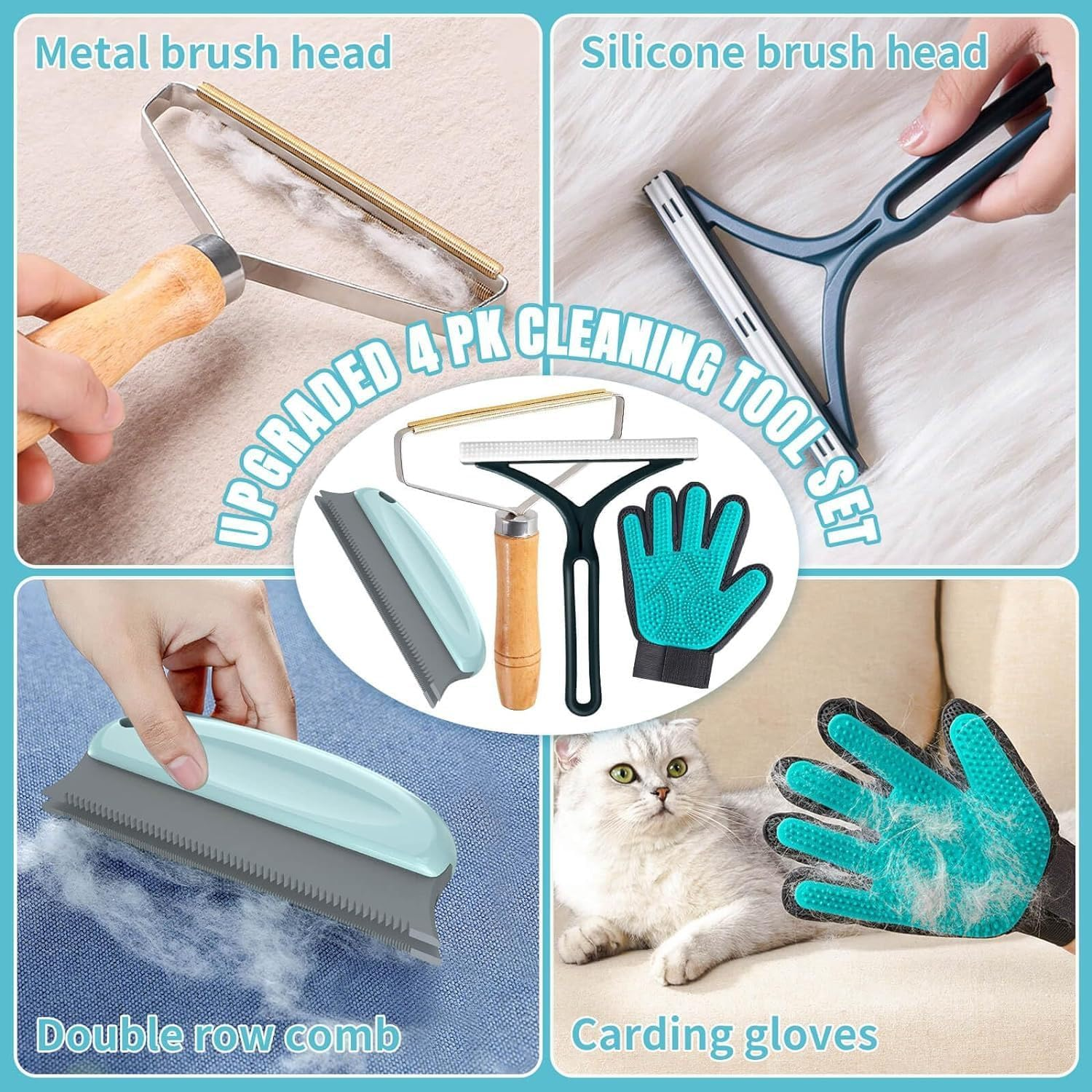 4In1 Pet Hair Remover Set,Pet Hair Removal Tool, Reusable Lint Remover Shaver Non-Damaging Fabric Carpet Scraper Pet Grooming Gloves for Carpets, Car Mat, Rugs,Couch,Pet Towers image number 1