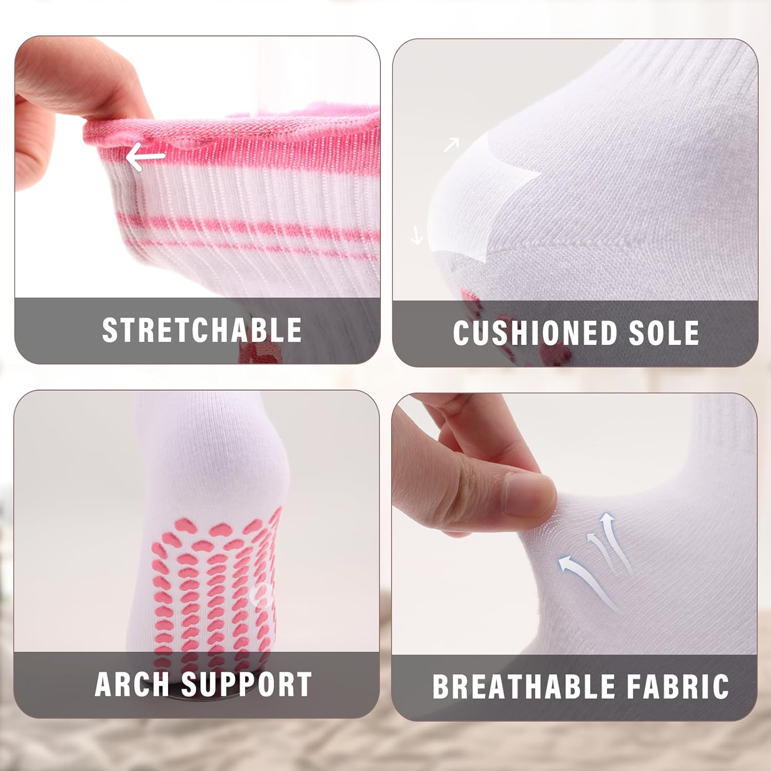 Fiohiros 3 Pairs Pilates Socks Women with Grips, Cherry Reformer Pilates Grip Socks Yoga Socks, Gym Socks for Dance, Training, Barre, Fitness, Workout - Red Lace image number 7