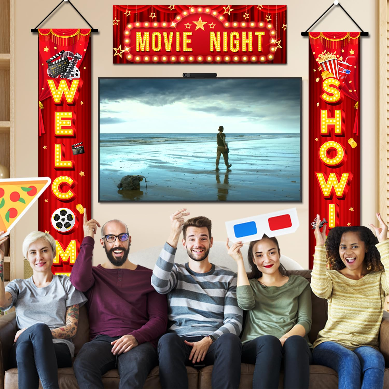 Movie Night Porch Sign Banner, 2 Pcs Movie Night Porch Banner Theme Door Banner & 1 Pcs Door Top Banner for Birthday Party Decorations image number 2