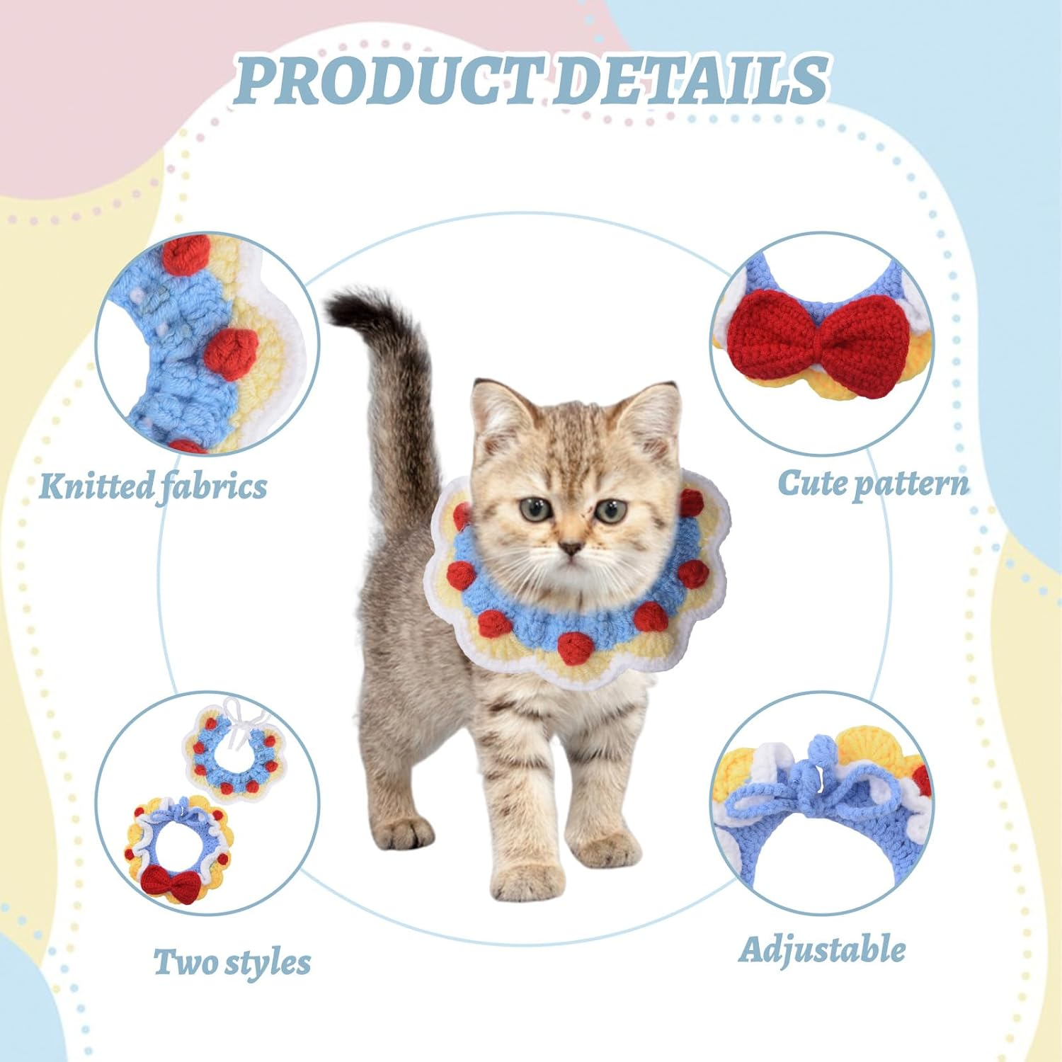 HACRAHO Adjustable Knit Pet Collar，2 PCS Knitted Cat Collar Handmade Cute Cat Collars Breakaway Kitten Collars Adjustable Knitted Cats Collares for Girl Cats Puppies（M） image number 4