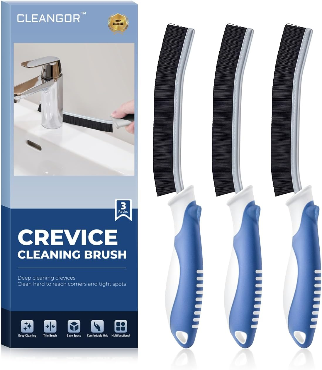 Cleangor Crevice Cleaning Brushes, Scrub Brush for Hard to Reach Small Space, Home Essentials, Cleaning Supplies, Cleaning Tools for Household Use, Bathroom, Shower, Kitchen, Toilet, Window (3, Black)