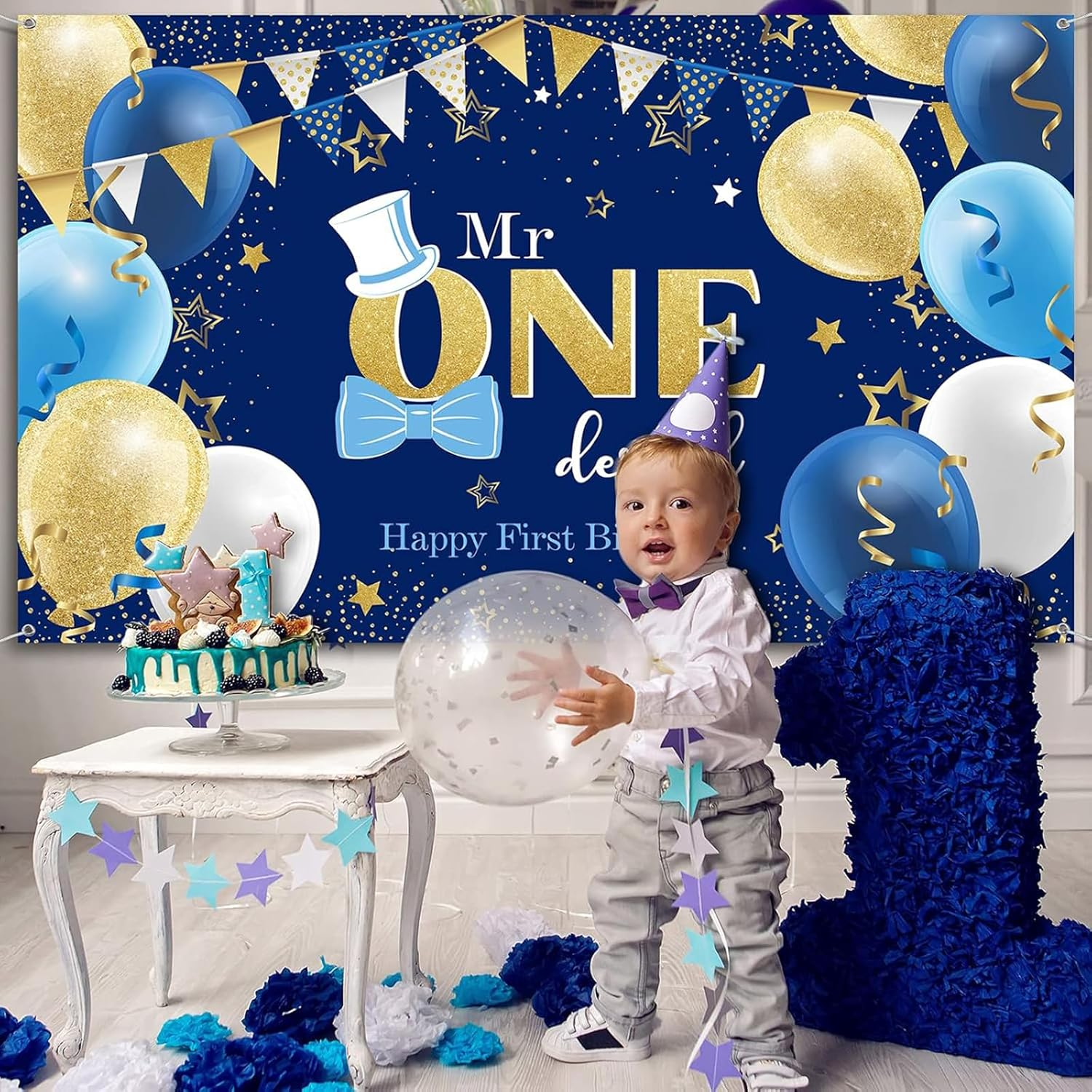 Boys 1St Birthday Party Decoration Large First Birthday Backdrop Banner, One Year Old Party Decor Photo Prop Blue Gold image number 5