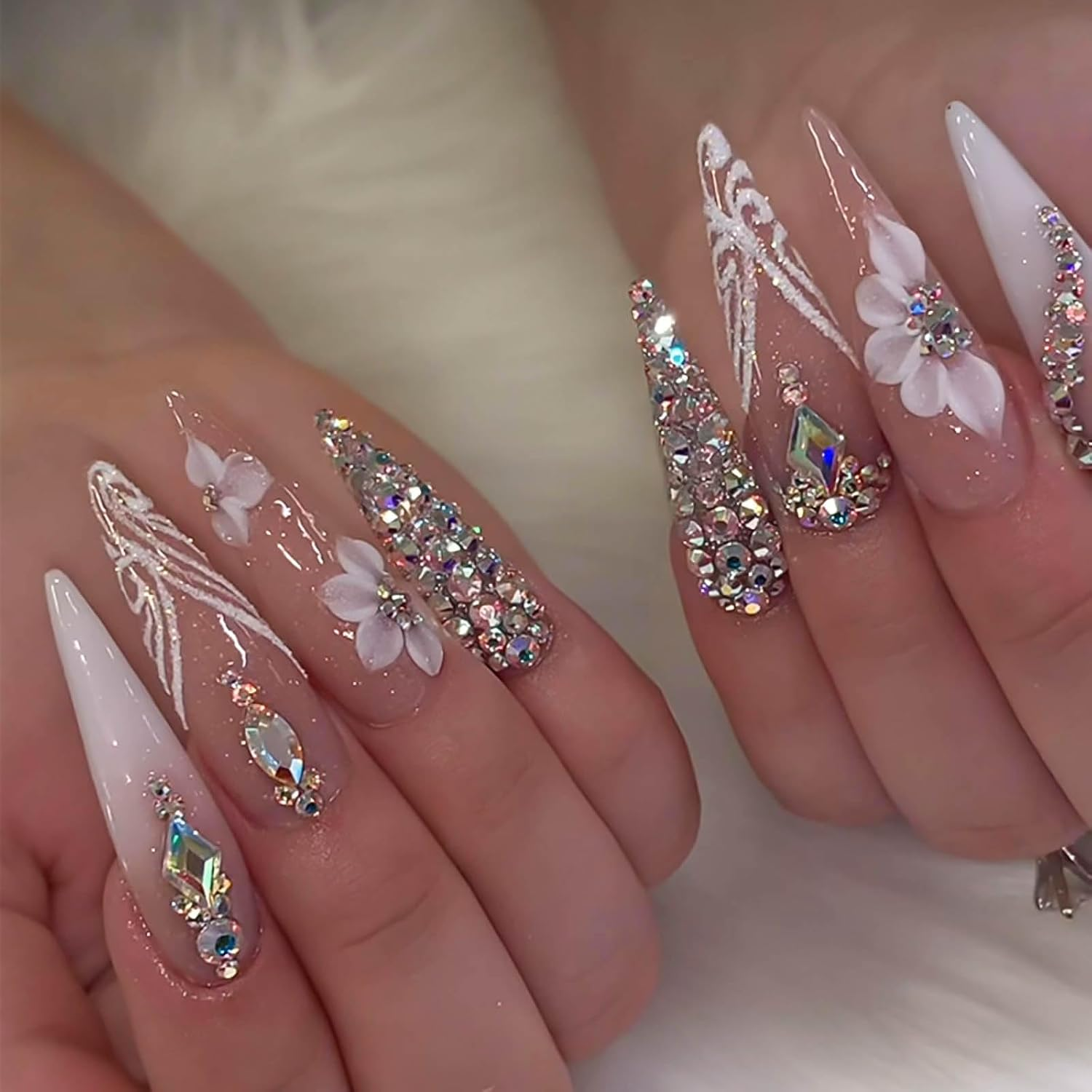 RUOKEXIN Long Press on Nails Stiletto Shaped Fake Nails Handmade False Nails with Rhinestones Designs White Ombre Glue on Nails Glitter Artificial Nails Luxury Stick on Nails for Women 24Pcs image number 6