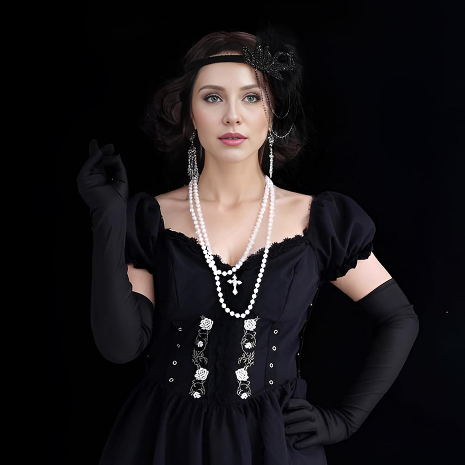 1920S Great Gatsby Accessories Set for Women, Flapper Costume with Earrings Gloves Feather Headband Necklace Magic Wand Fishnet Socks for Tea Party