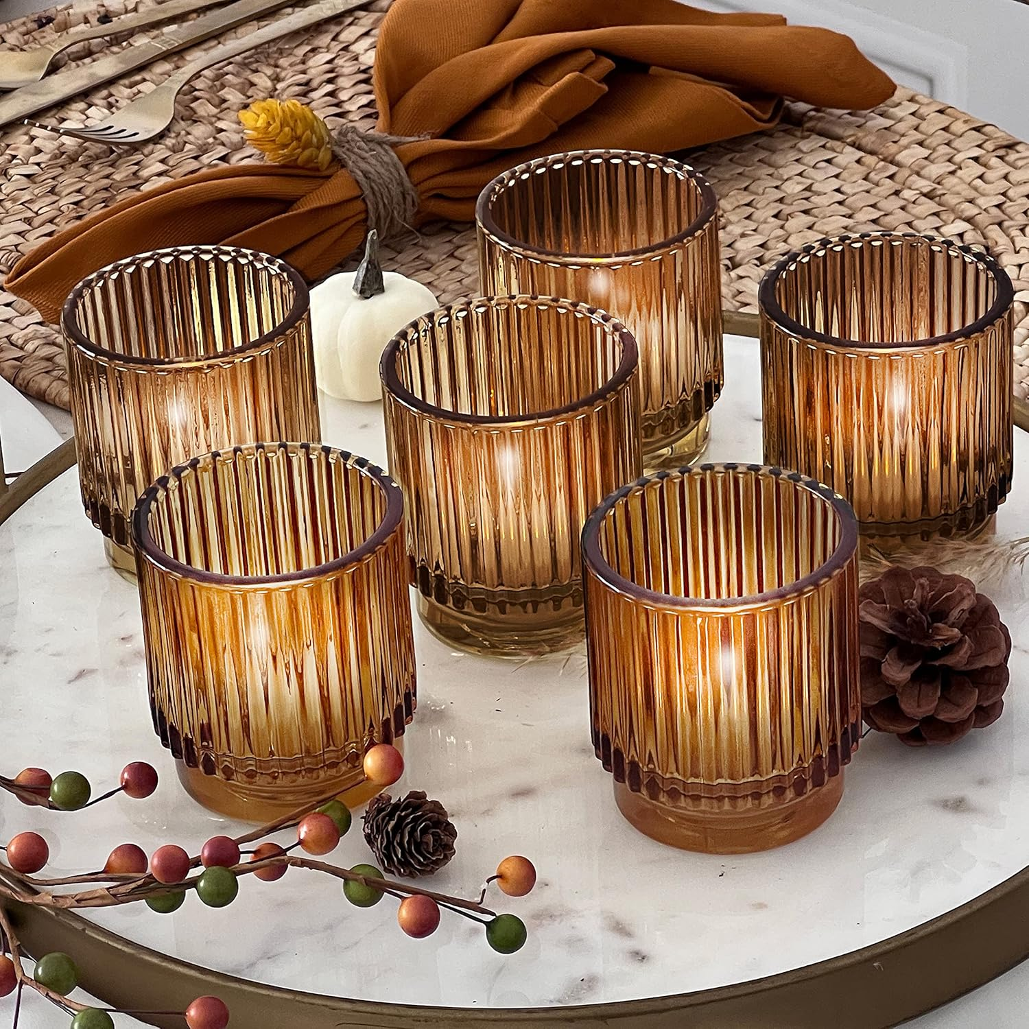 Kate Aspen Vintage Ribbed Amber Glass Tealight & Votive Candle Holders (Set of 6), Fall Decor, Boho Decor, Shelf Decoration (27206AB)