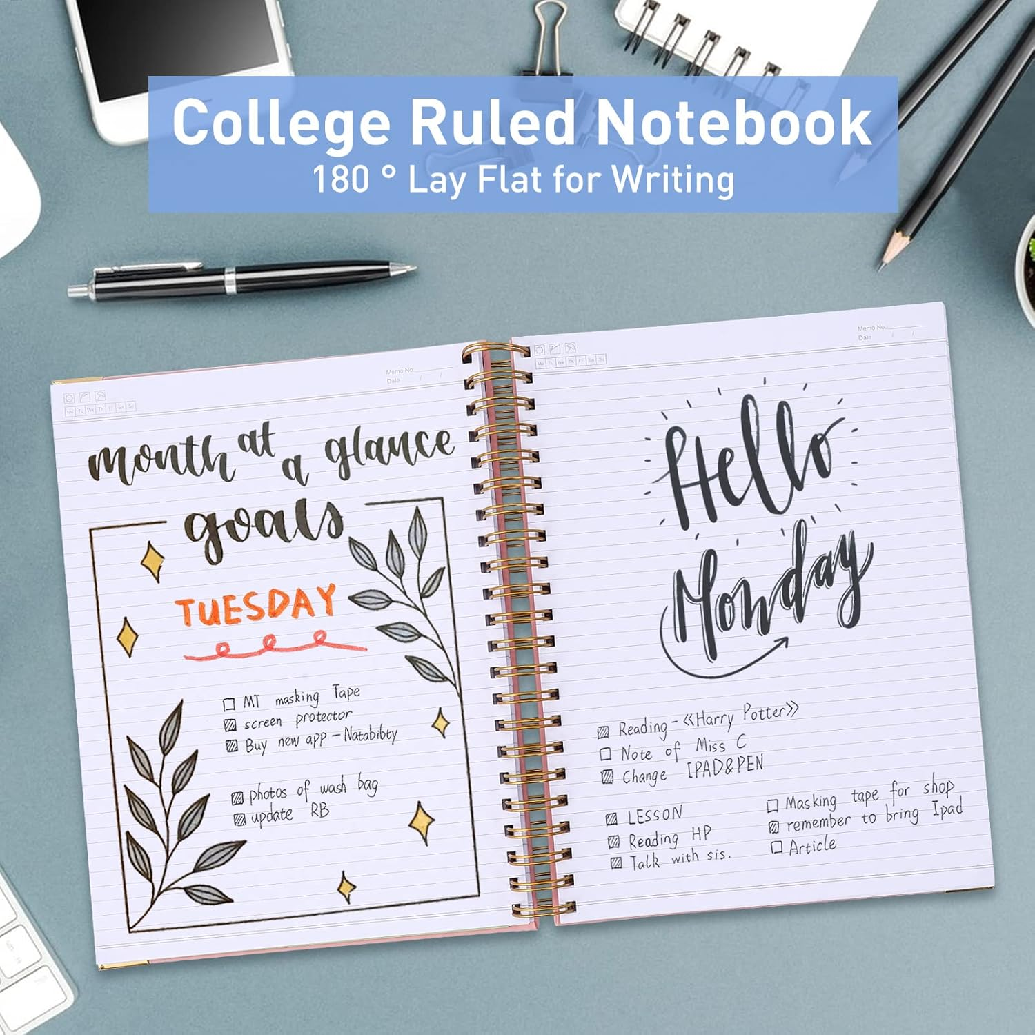 Spiral Notebook, College Ruled Notebook Journal, 8.5&rdquo; X 11&rdquo;, 300 Pages Leather Writing Journal for Women Men, A4 Hardcover Notebook for Work School, 24Pcs Index Tabs, Teal image number 2