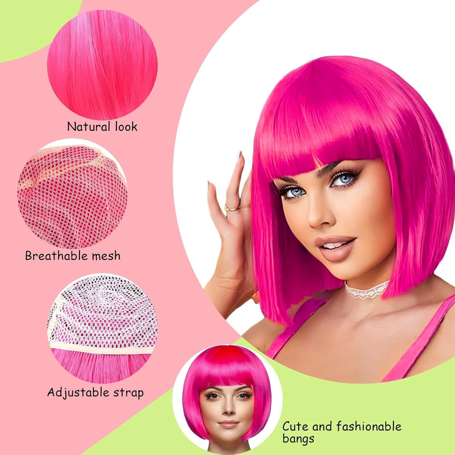 HENWUBEI Pink Bob Wig,Pink Wigs for Women with Double Heart Sunglasses and W-Ig Net Bag,Colourful Wig Perfect for Cosplay, Party, Hall-Oween,Fashionable and Comfortable image number 3