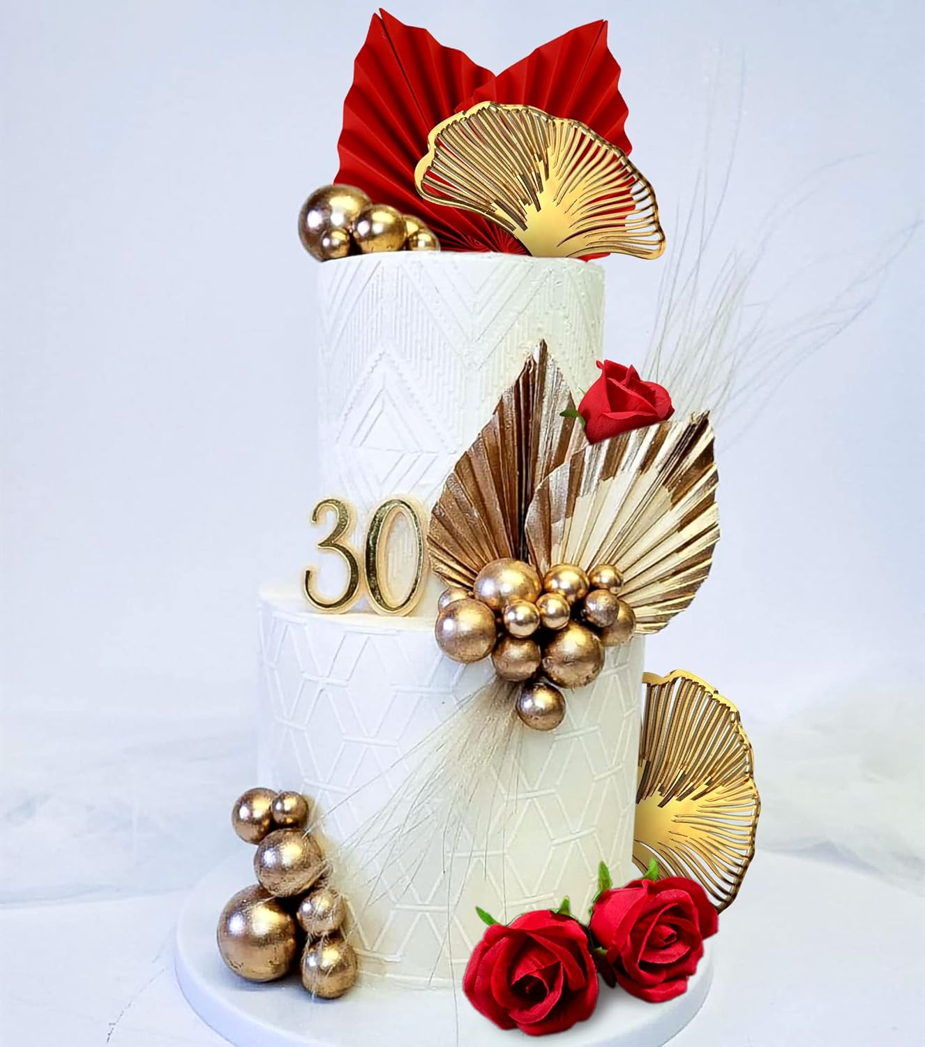Jevenis Red Rose Cake Decoration Queen Lady in Red Cake Topper Gold Leaves Cake Decoration for Wedding Birthday Bridal Shower Engagement Baby Shower image number 1