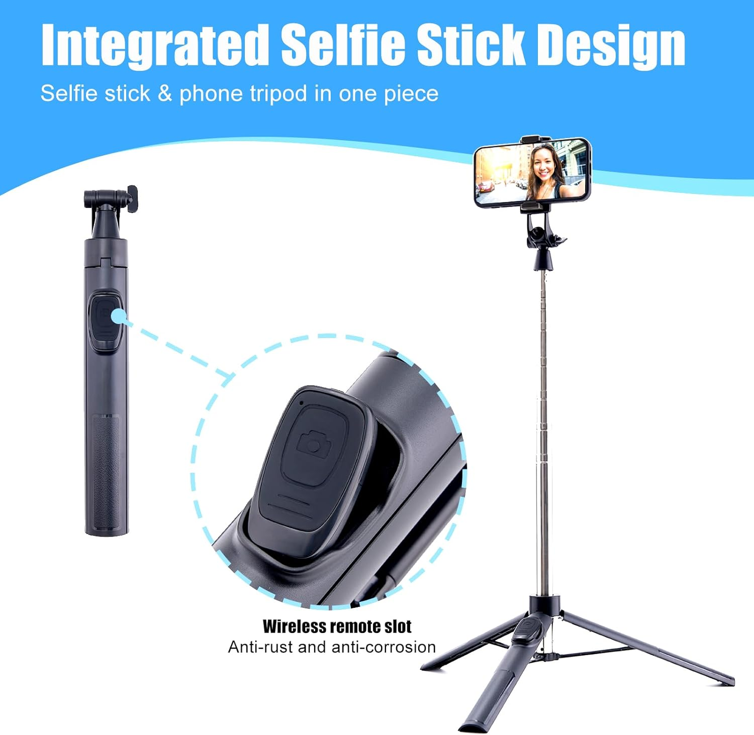65" Cell Phone Selfie Stick Tripod,Smartphone Tripod Stand All-In-1 with Integrated Wireless Remote,Portable,Lightweight,Extendable Phone Tripod for 4''-7'' Iphone and Android (65&lsquo;&rsquo;) image number 3