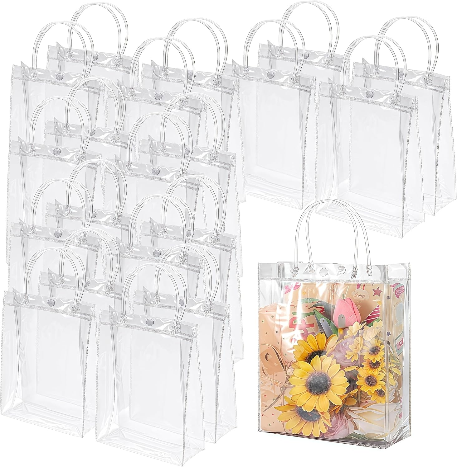 RJDJDLXM 30 Pack Clear Plastic Gift Bags with Handles, Reusable PVC Multipurpose Tote Bags for Party Favors, Goodie Storage, Snacks, Stationery & Cosmetics(23X17X7Cm)