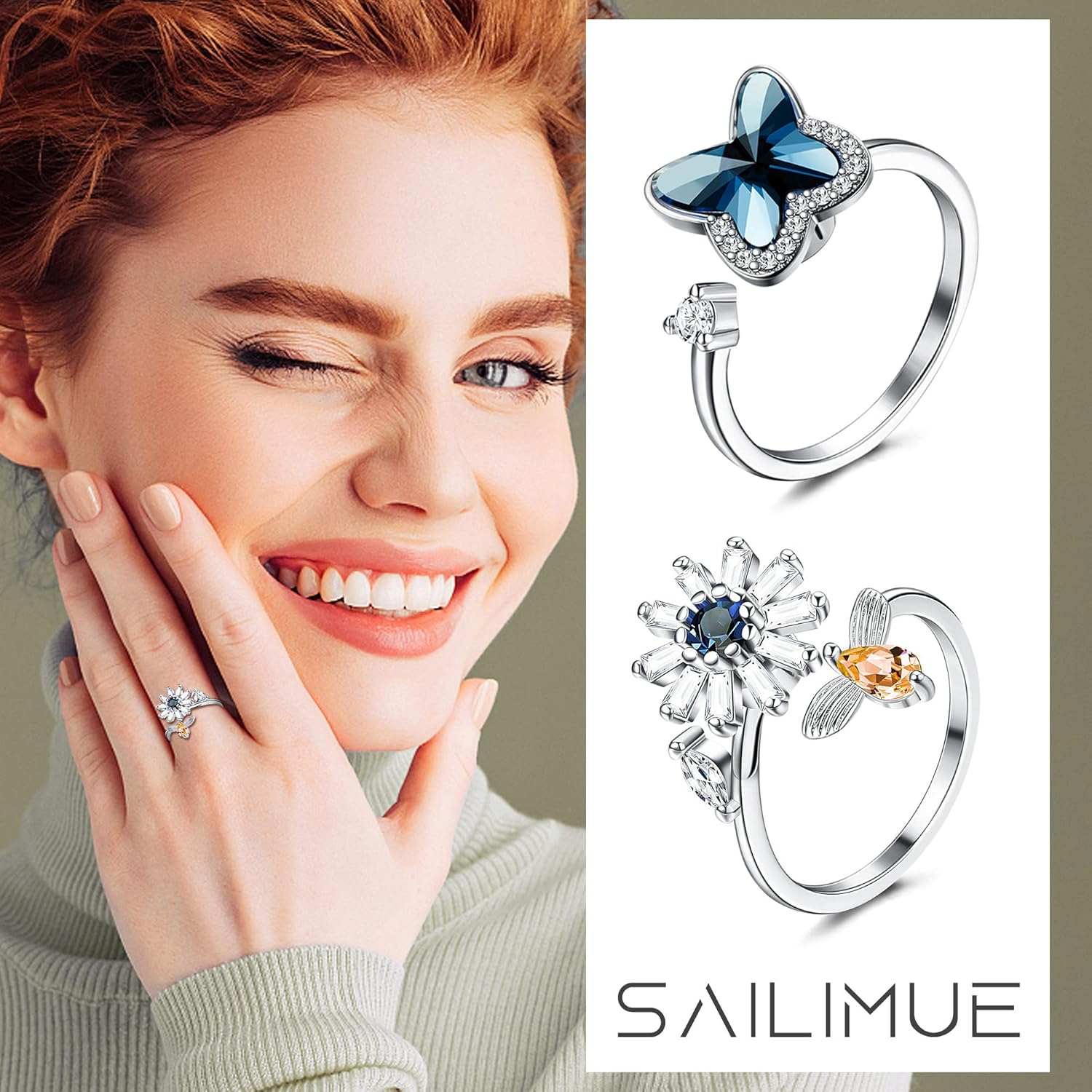 Kakonia 9Pcs Fidget Anxiety Rings for Women Spinner Fidget Rings for Anxiety Adjustable Cubic Zirconia Flower Butterfly Sunflower Bead Stress Relief Spinning Stackable Ring Set with Box image number 5