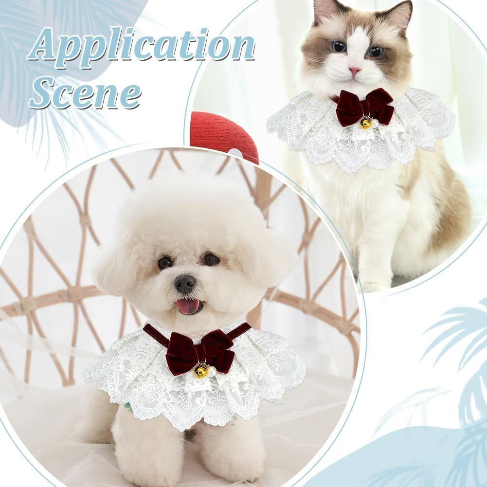 Pet Bib Laces Collar, Adjustable Strap Vintage Bowknot Bibs Collar Cute White Lace Dog Cats Bib Scarf Pet Costume for Cats Dogs Dress up Accessories (Dark Red, L(30Cm)) image number 6