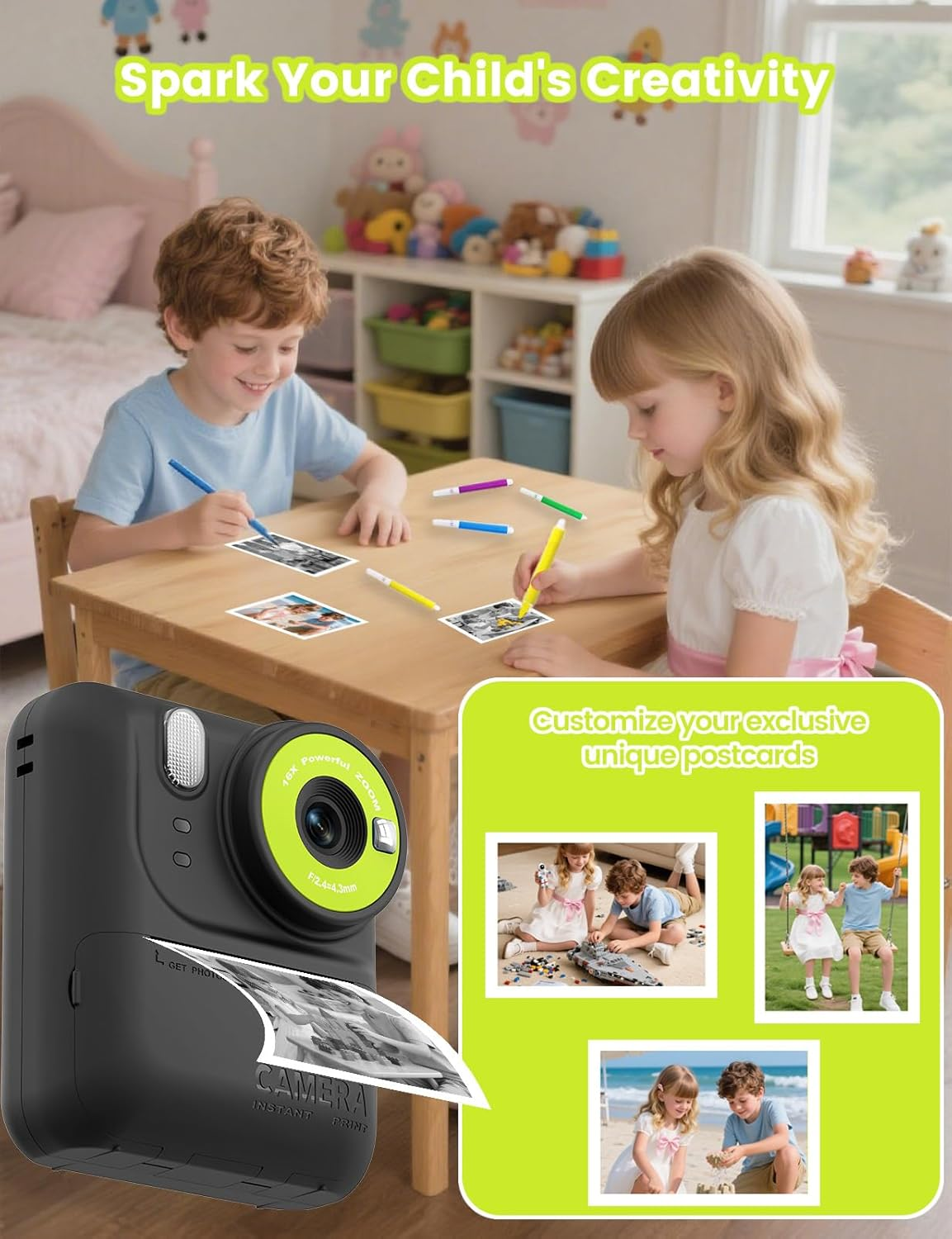 ZONEY Kids Camera Instant Print Photo, Christmas Birthday Gift Toys for 3-12 Years Old, Digital Camera with HD Video, Portable Travel Cameras Present for 4 5 6 7 8 9 Year Old Boys Girls, Black image number 6