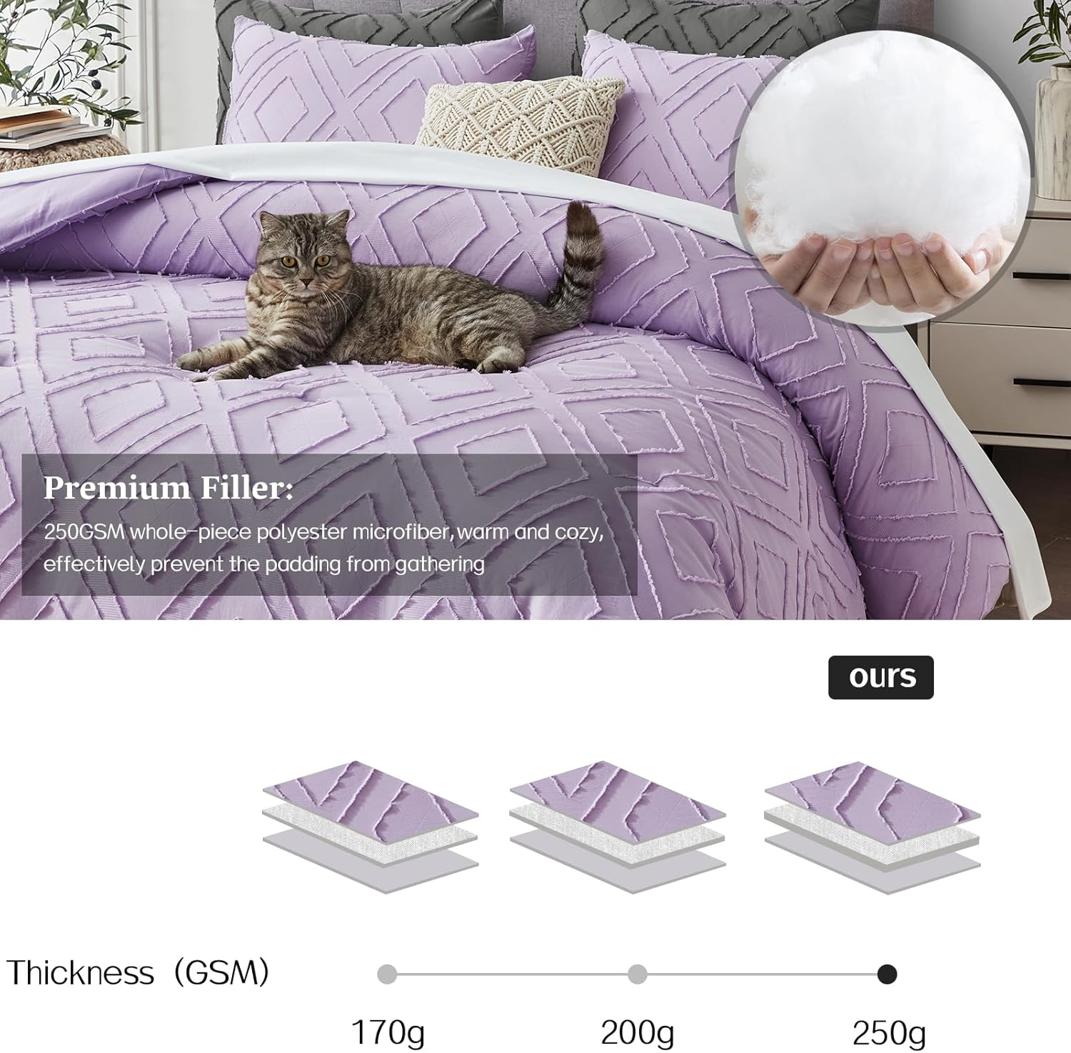 Boho King Comforter Set,Purple Rhombus Tufted King Size Comforter Set with Corner Loops,3 Pieces Embroidery Shabby Chic Bedding Comforter Sets for All Seasons(Purple,King) image number 5