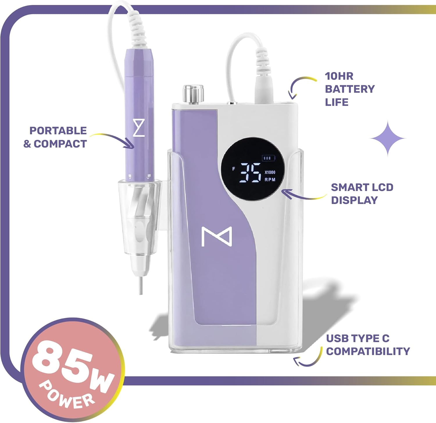 M &ndash; Ying Yang Brushless Nail Drill 35K RPM | Pro Cordless Efile 85W | Rechargeable USB-C Fast Charging | Portable Aluminum Alloy Shell | Quiet Low Vibration Tool for Acrylic Gel Nails (White) image number 5