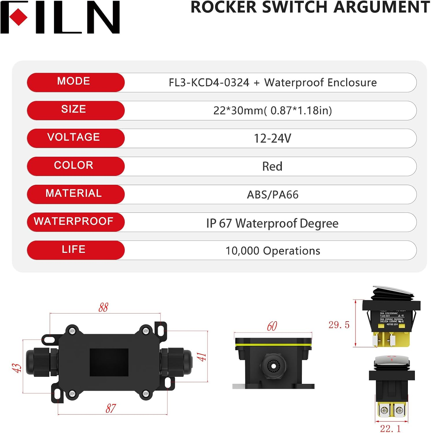 Rocker Switch 1PCS 12V 24V with Waterproof Box 4 Way DPST on off Push Button Switch Green LED Boat Marine Toggle Switches Junction Box(Red Stainless Steel) image number 5