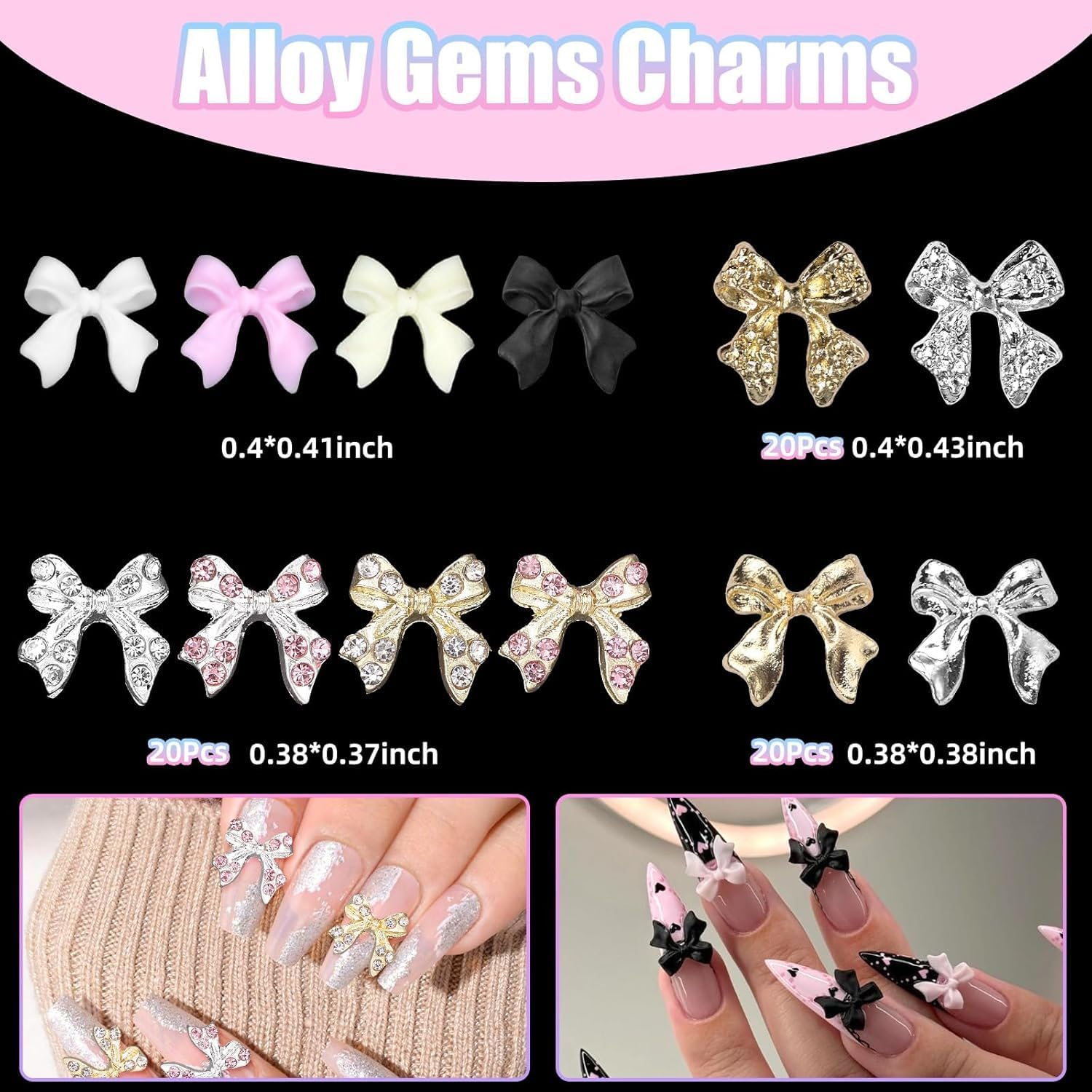 60 Pcs 3D Bow Nail Charm and Gems, Silver Gold Alloy Bowknot Nail Gems, 4 Colors Bows Acrylic Nail Art Charms Glitter Nail Gems Charms for Nail Art DIY Decoration Accessories Crafts image number 5