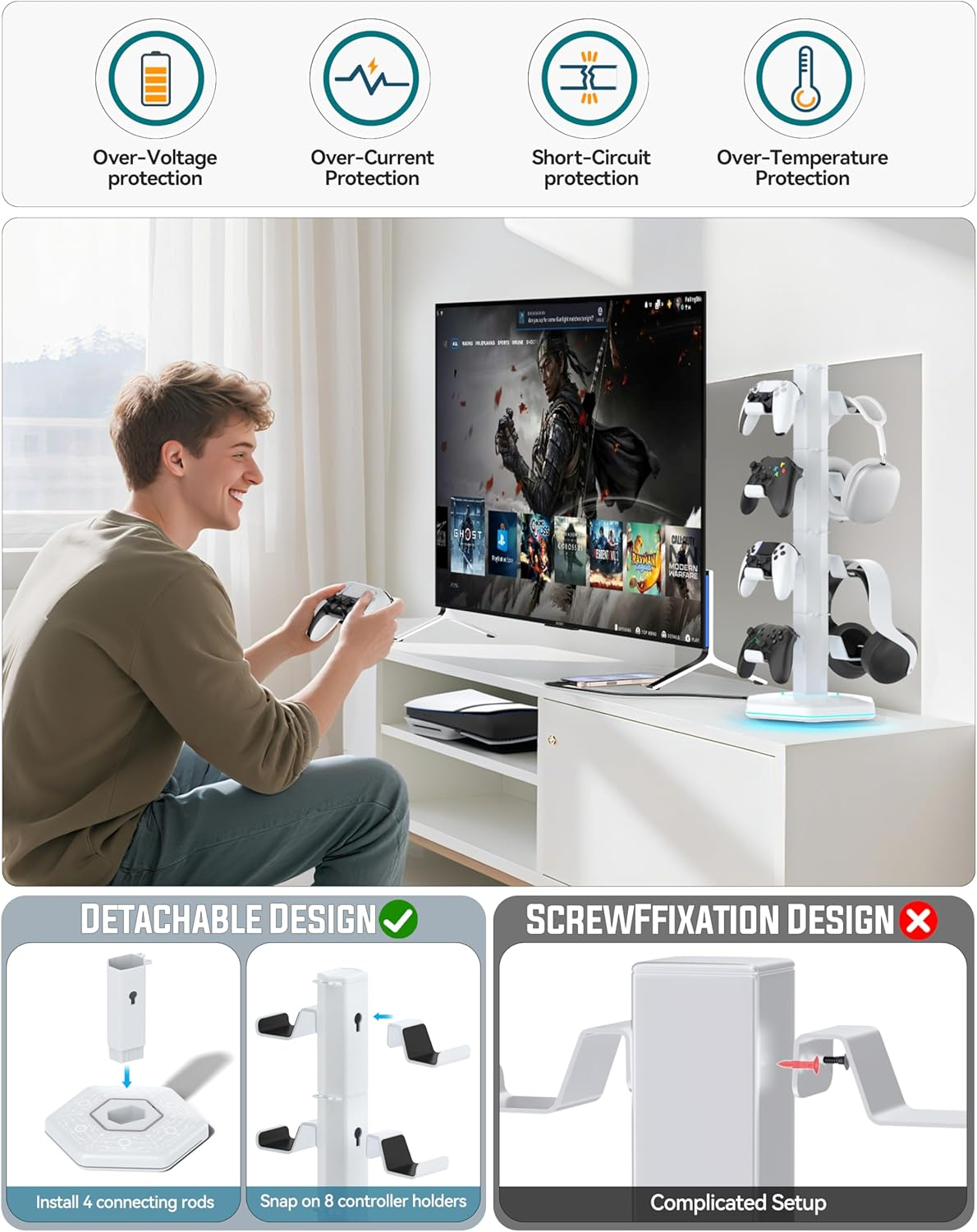 Kytok RGB Controller Holder for Ps5/Ps4/Xbox/Switch, Headphone Stand with 2 USB Charging Ports & Type-C & Headphone Jack, Controller Stand with Cable Organizer, Headset Holder for Desk, 4 Tiers White