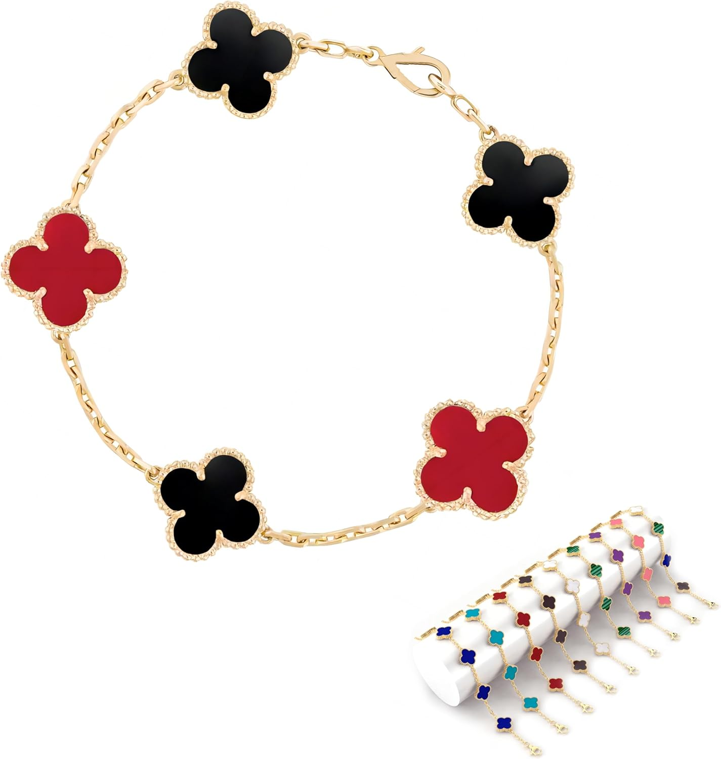 Four Leaf Clover Bracelet for Women Girl White Black Green Red Lucky Link Clover Bracelets,18K Gold Plated Jewelry Double-Sided Design Christmas Valentine'S Day Gifts - C image number 3