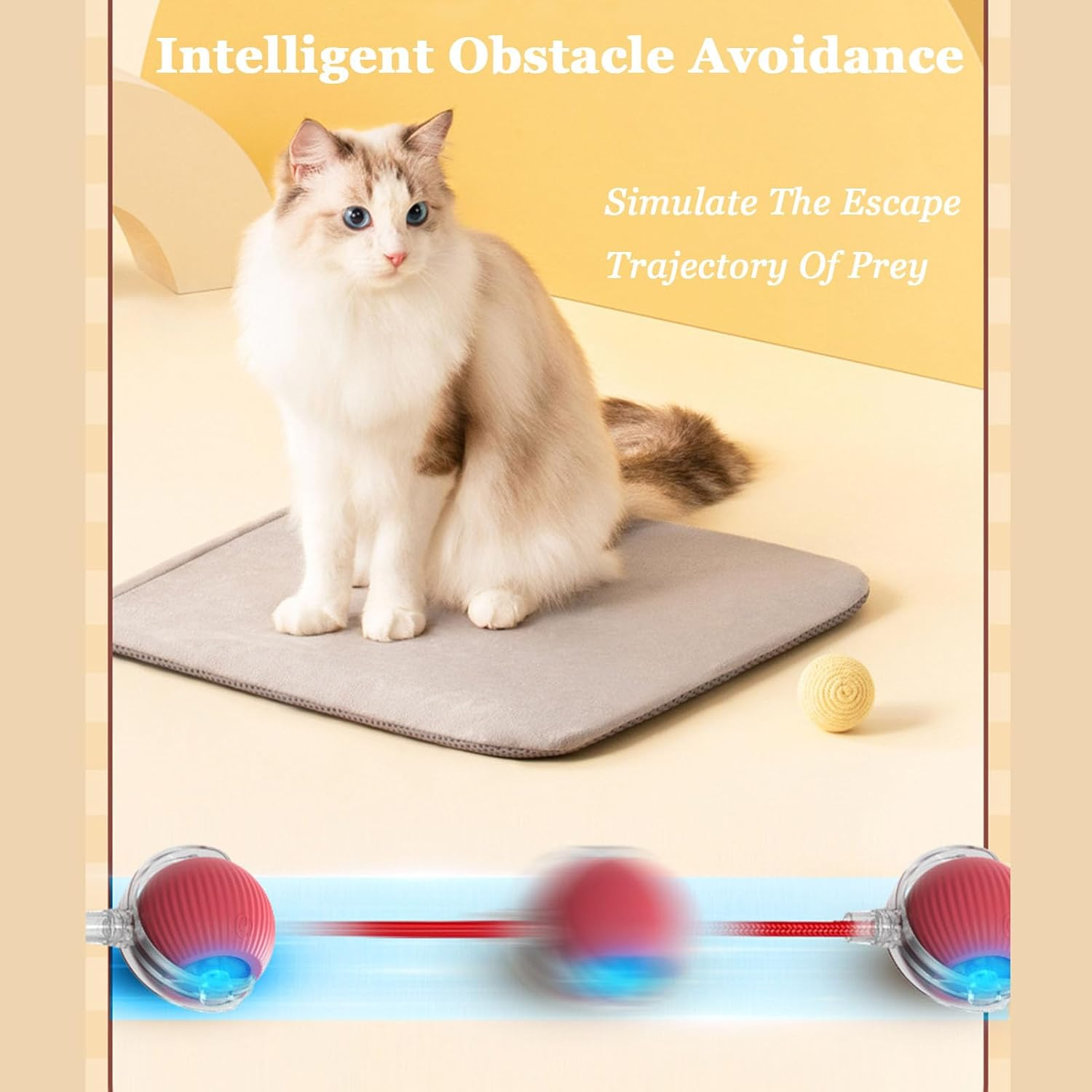 Tiny Fetch Cat Toys, Smart Interactive Toys for Cats, Automatic Rolling Cat Toy Ball, Cat Toys for Indoor Cats, Obstacle Avoidance ＆ Quiet Long Tail Cat Toy for Bored Kitty, Adult Cats (Red) - Red image number 3