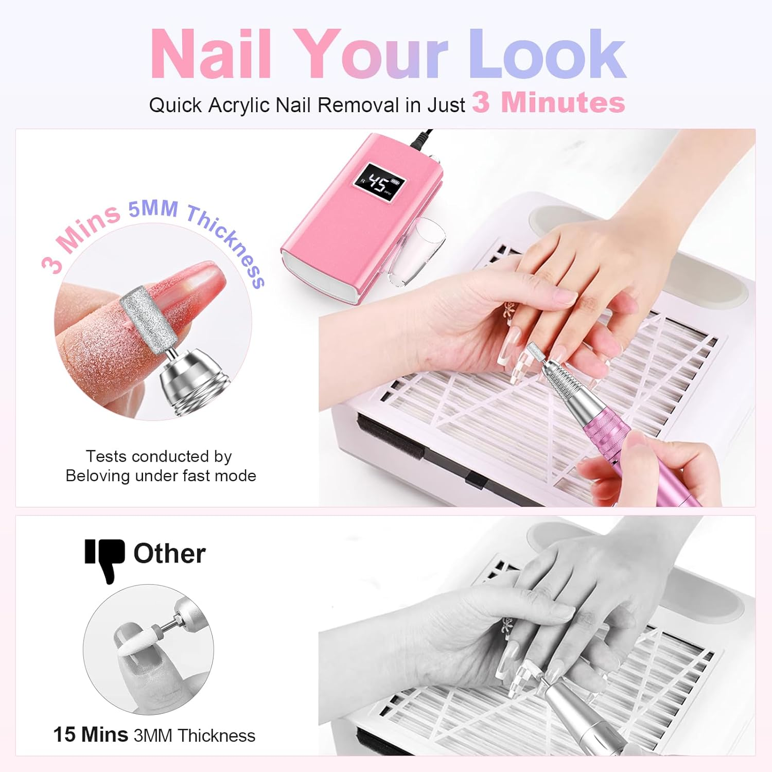 Beloving Portable Nail Drill Professional, 45000RPM Rechargeable Nail Drill Electric File Machine for Acrylic Gel Polish Remover, Cordless Nail Kit for Manicure Pedicure with 11 Bits for Salon Home image number 2