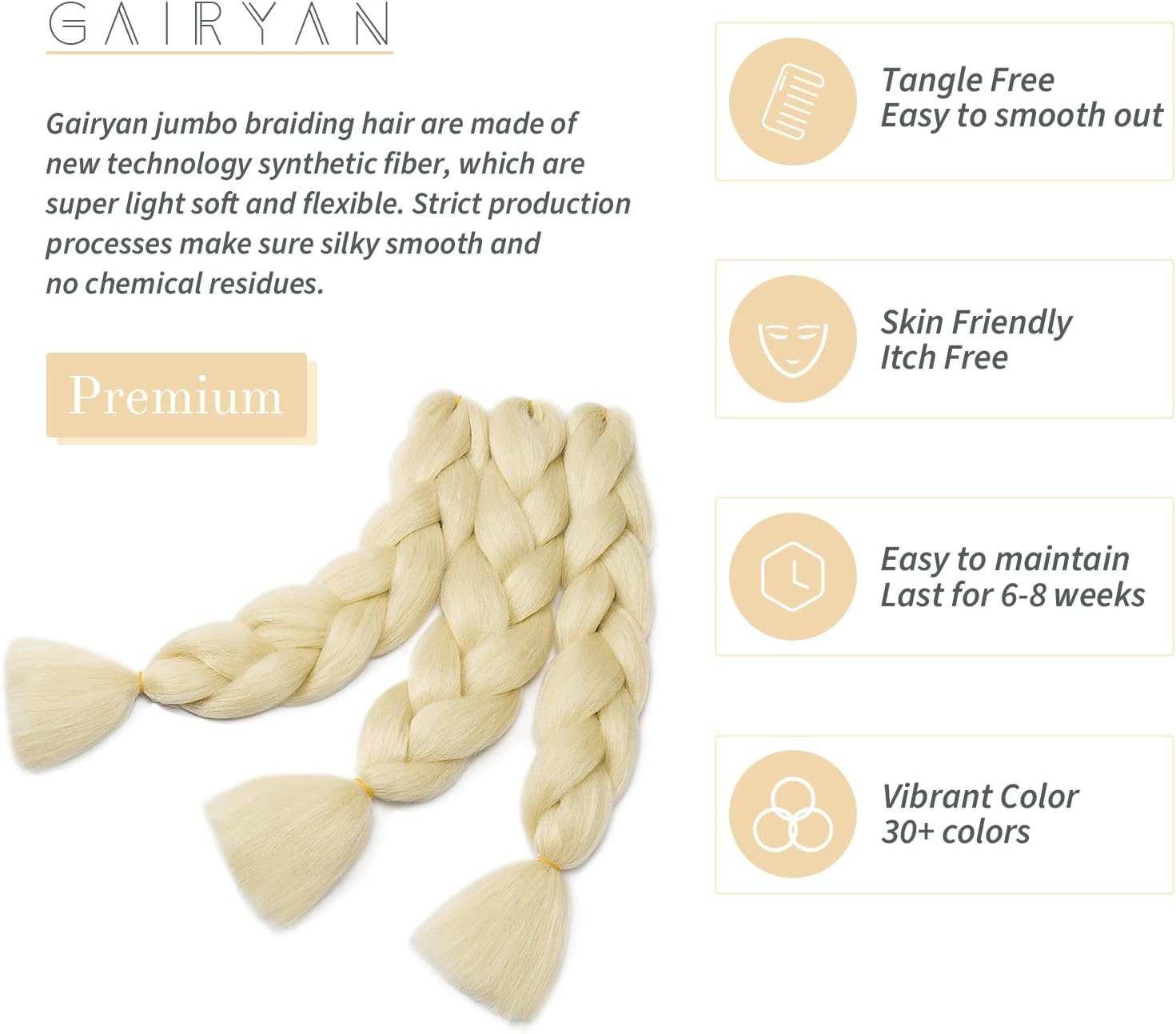 Gairyan 24 Inch Jumbo Braids Extensions Synthetic Hair for Braiding Hair Extensions 3 Bundles Braiding Hair Ombre Synthetic Hair Braids Braiding Extensions Box Braid Crochet Twists 300 G (Bleached Blonde)