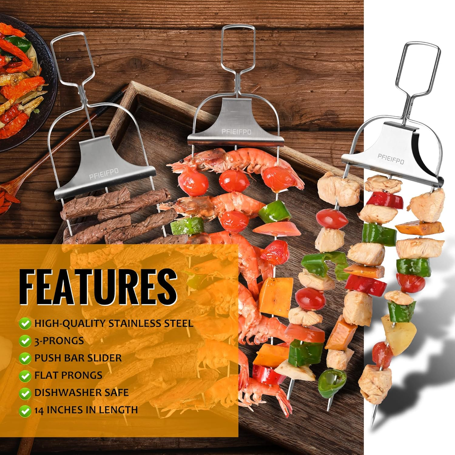 3PCS Grilling Savant 3Way Skewers,14Inch Metal Skewers for Grilling,Easy to Use Push Bar Slider,Bbq Accessory, Perfect for Meat,Veggies,Fruits,Marshmallow Roasting Sticks Grill Kabob Skewer. image number 2