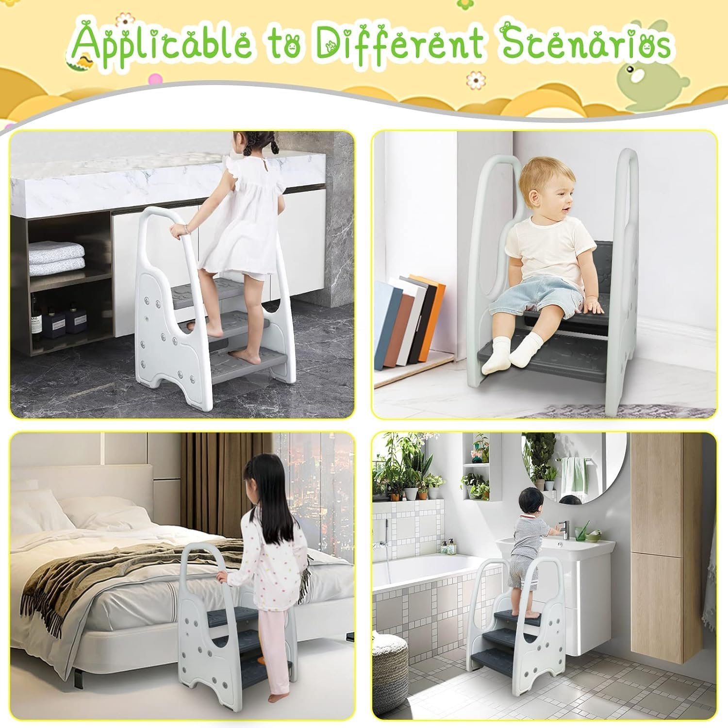 Toddler 3 Step Stool Kids Standing Tower for Toddlers Plastic Learning Helper Stool for Kitchen Counter Bathroom Sink Toilet Potty Training with Handles and Non-Slip Pads image number 4