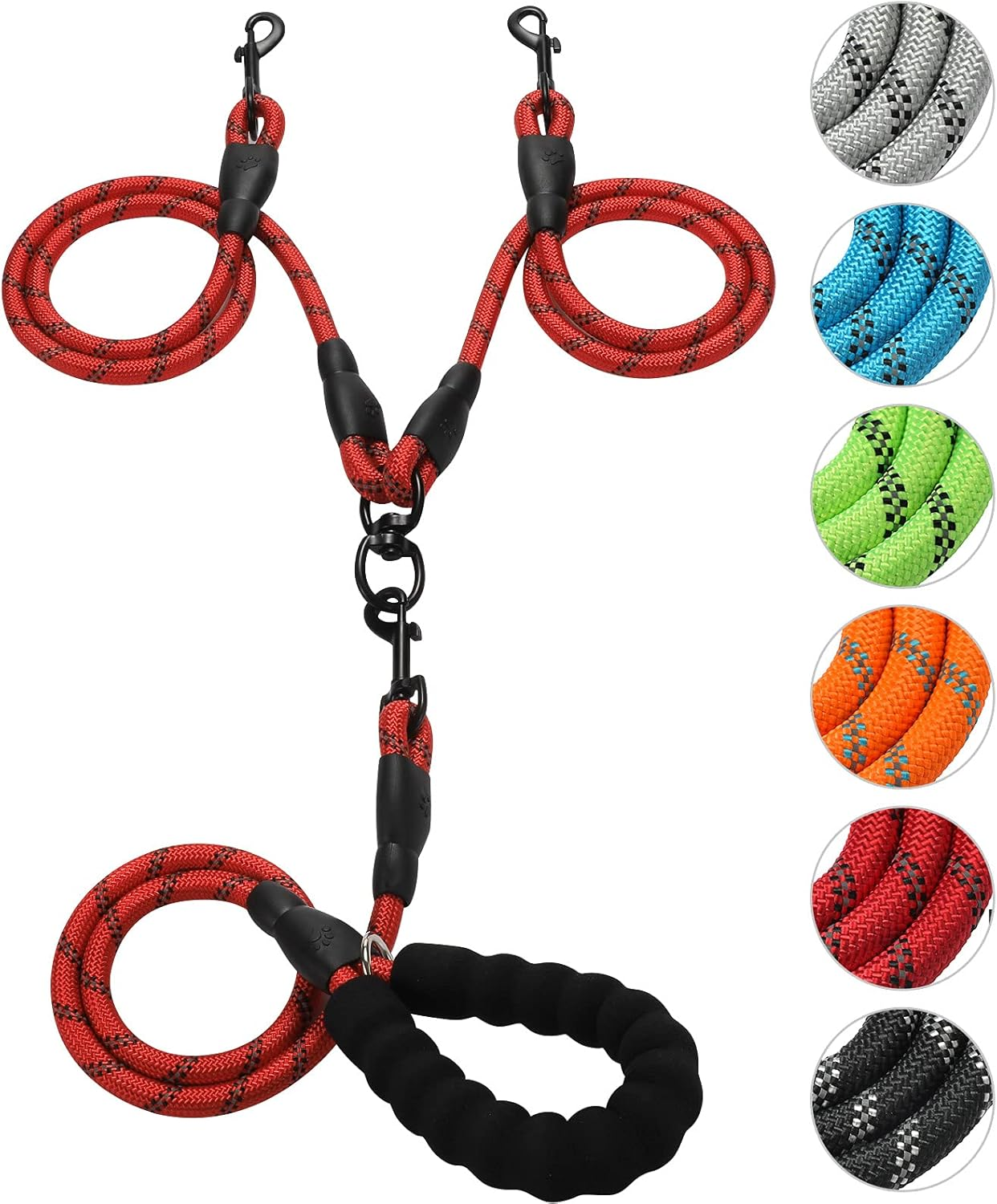 Reflective Double Dog Leash with Detachable Coupler and Tangle Free Control, Padded Handle for Large and Medium Dogs Walking (Red, Double Leash) image number 5