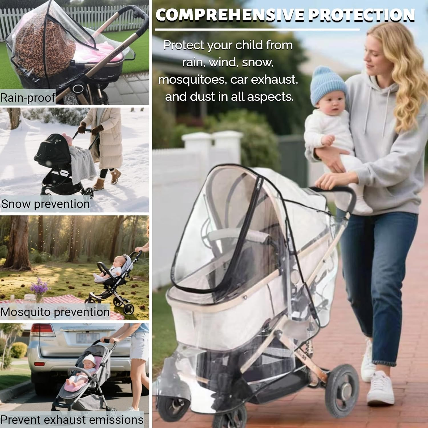 Universal Baby Stroller Rain Cover - EVA Material with Front Zip Opening, Windproof Waterproof Dustproof Clear Transparent Protection for Travel Weather Shield - Fits Most Pushchairs, Prams, Buggies image number 5