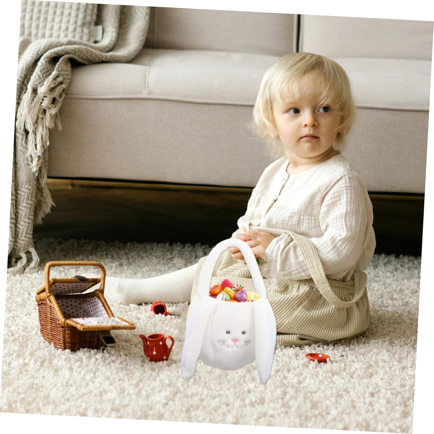 Festive Easter Bunny Basket Creative Candy Container for Easter Supplies Plush Material for Home Decoration White image number 6