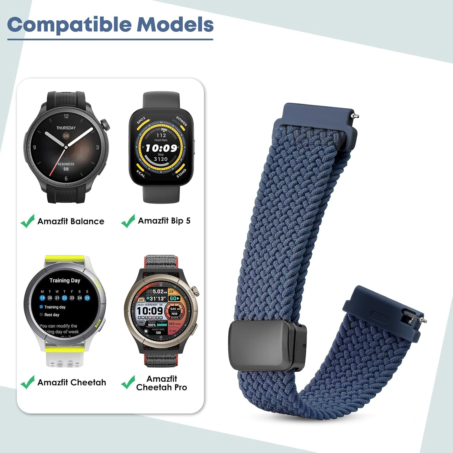 22 Mm Bracelet Compatible with Amazfit Bip 5/Amazfit Cheetah/Amazfit Cheetah Pro/Amazfit Balance, 22 Mm Nylon Sport Adjustable Replacement Watch Strap for Amazfit Bip 5 image number 2