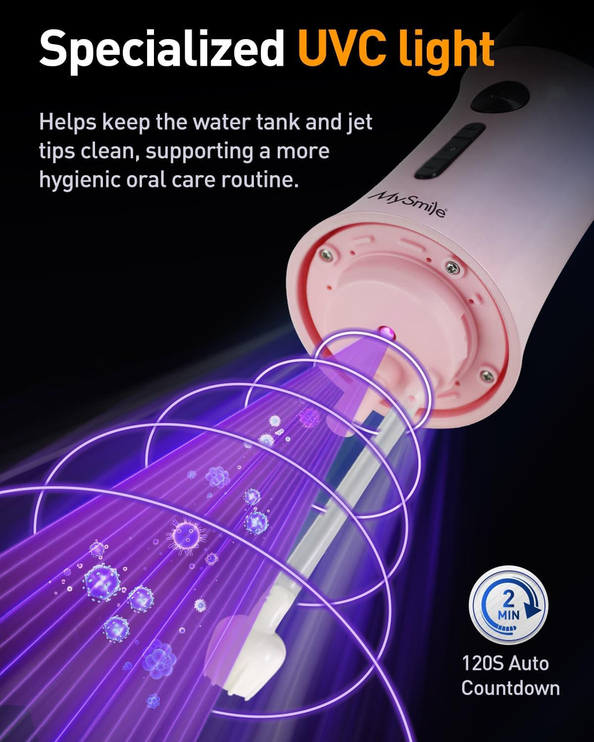 Mysmile Powerful Cordless 5 Modes Dental Water Flossers for Teeth Portable OLED Display Oral Irrigator with 8 Replaceable Jet Tips and 350 ML Detachable Water Tank for Home Travel Use (Juicy Pink)