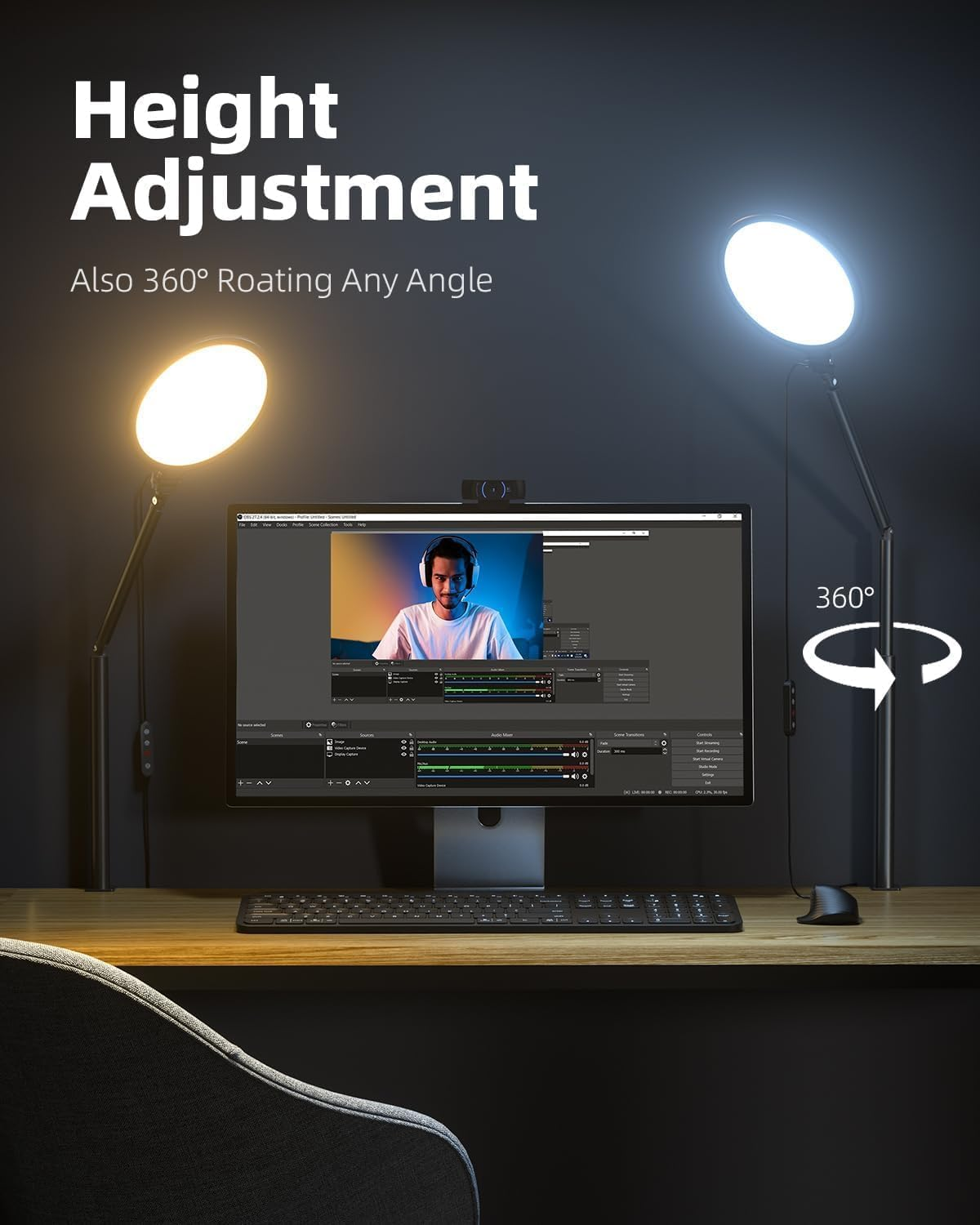 10.2" Desk Ring Light with Stand for Zoom Meetings, Key Light with Stand, 360&deg; Rotate & Flexible Height Video Conference Light, Adjust Arm Desk Lamp Zoom Light for Home Office image number 2