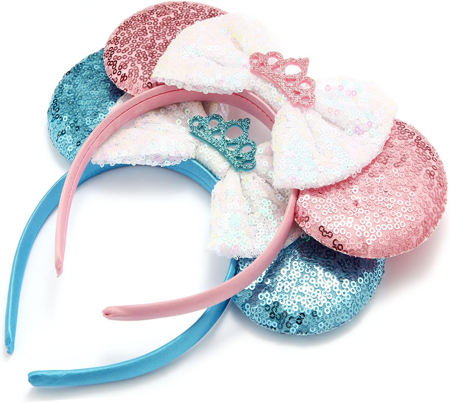2 PCS Sequin Mouse Ears Bow Headbands for Kids Girls Women, Glitter Party Princess Decoration Cosplay Birthday Christmas Party (Blue+Pink) - Blue+Pink image number 4
