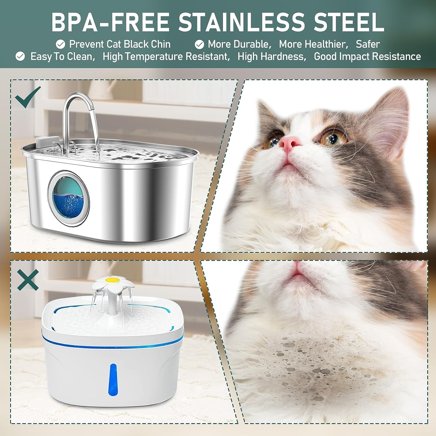 Cat Water Fountain 3.2L/108Oz Automatic Stainless Steel Pet Fountain | Quiet Pump | Water Level Window | LED Light| Multi-Layer Filtration System | Easy to Clean| for Cats Dogs image number 3