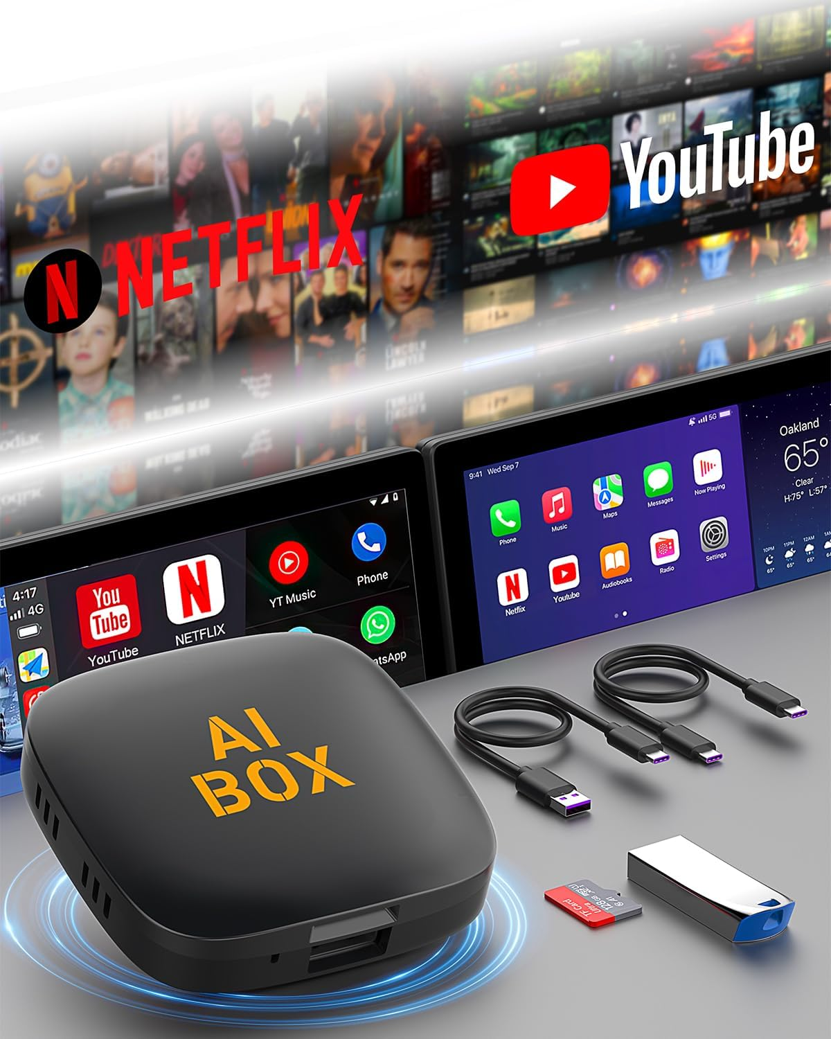 Wireless Carplay Adapter and Android Auto Adapter for Netflix/Youtube Wired to Wireless Carplay Dongle Magic Carplay Ai Box TF Card/U Disk Magic Link Plug and Play image number 2