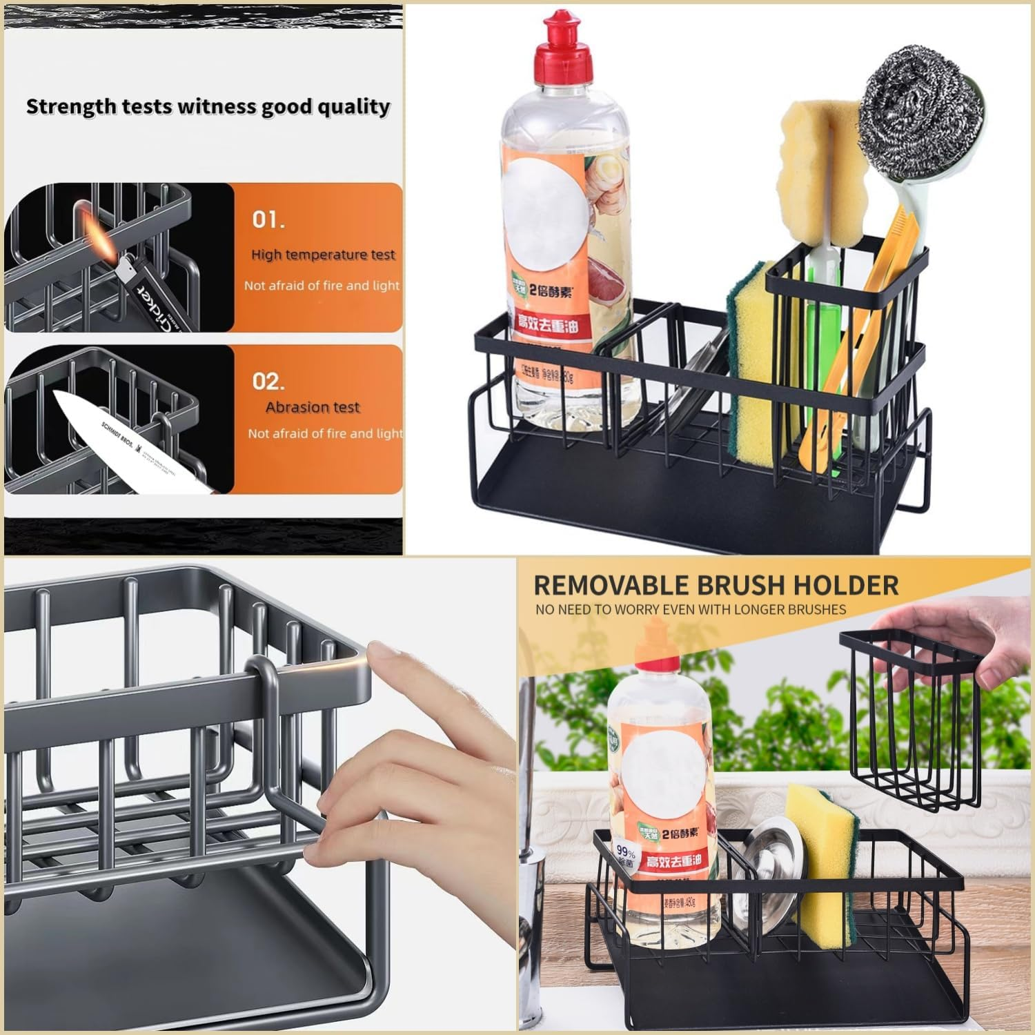 Kitchen Sink Caddy Organiser with Self Draining Tray, Sponge Holder for Kitchen Sink with Brush Holder, Dish Soap Dispenser Storage, Kitchen Sink Organise, Organiser for Counter (Black) - Gray image number 3