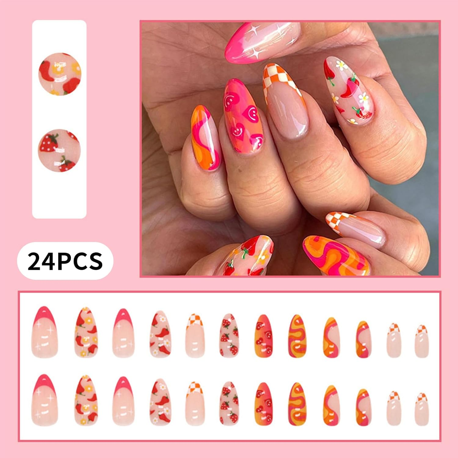 Tavvke 24 Pcs French Tip Press on Nails, Medium Almond Fake Nails with Colorful Fruit Swirl Floral Designs, Full Cover Nail for Women and Girls